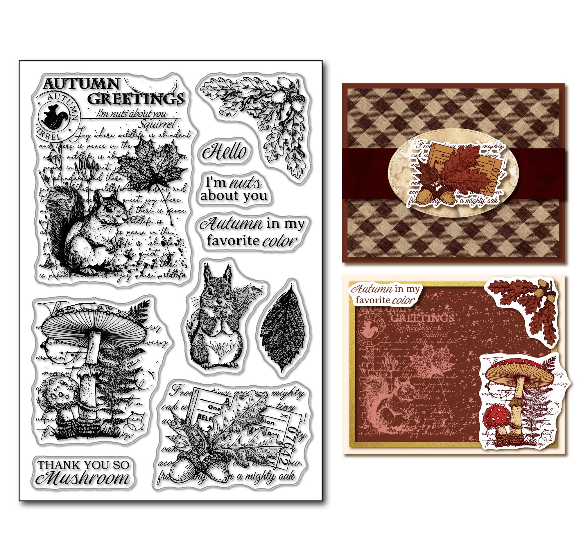 Arbuya Autumn Squirrel Clear Stamps for Journaling or Card Making, Nuts Mushroom Sentiment Rubber Stamps for Journals Planners Scrapbooking Paper Crafting