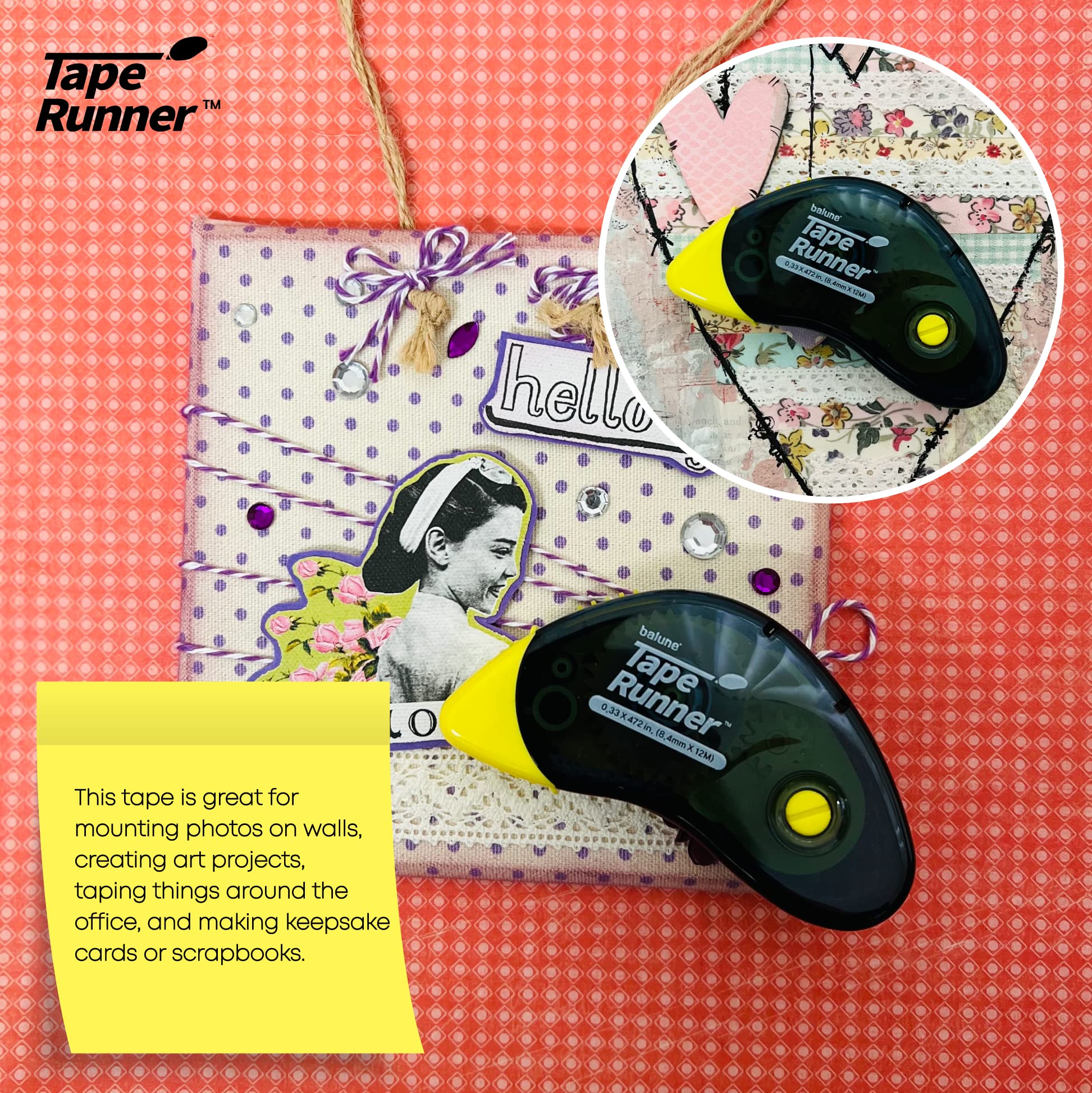 Tape Runner - Adhesivo de doble cara con rodillo dispensador incluido - Sin ácidos, pegajoso, transparente y transparente - Ideal para álbumes de recortes, manualidades y más - Boomerang (417 pulgadas