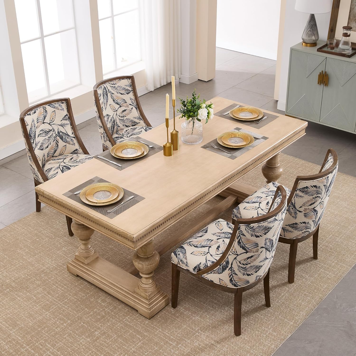 Farmhouse Dining Room Chairs Set of 2 Wooden Side Chairs with Curved Backrest and Solid Wood Frame Linen Fabric Upholstered Kitchen Chairs for Lving Room/Restaurant, Floral