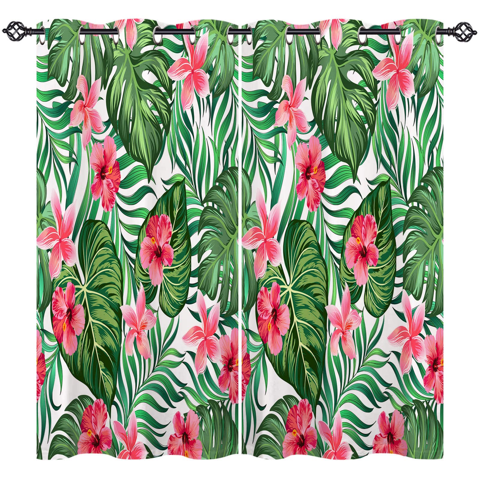 ANHOPE Tropical Leaf Curtains Eyelet 80% Blackout Room Darkening Curtains with Green Palm Banana Leaf Print Pattern Light Blocking Window Drapes for Bedroom Living Room 46 x 54 Inch Drop 2 Panels