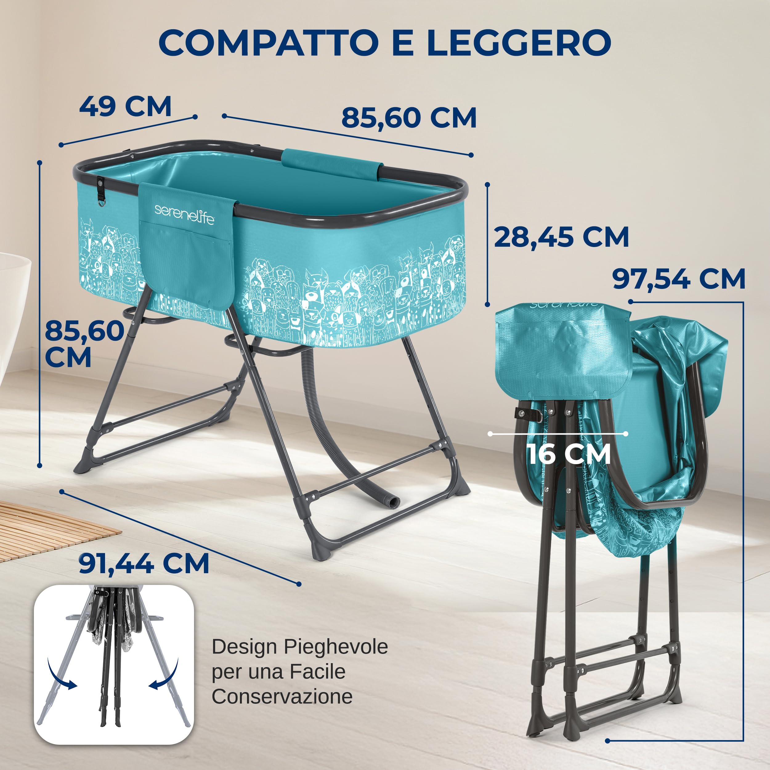 SereneLife Vasca da Bagno Pieghevole per Cani da Interno ed Esterno, Altezza Regolabile 86 cm, Tubo di Scarico e Tasche Portaoggetti, Accessori per Cani, Adatta Anche ad Altri Animali