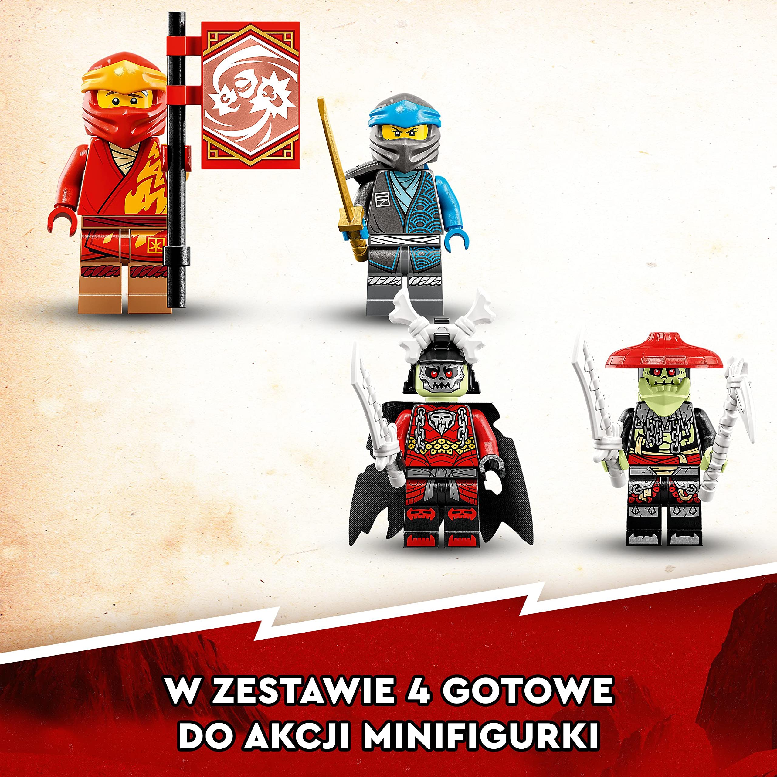 LEGO 71783 NINJAGO Jeździec-Mech Kaia EVO, Motocykl Ninja do Ulepszania, Figurka Mecha i 4 Minifigurki, Zabawki do Kolekcjonowania dla Dzieci od 7 Lat