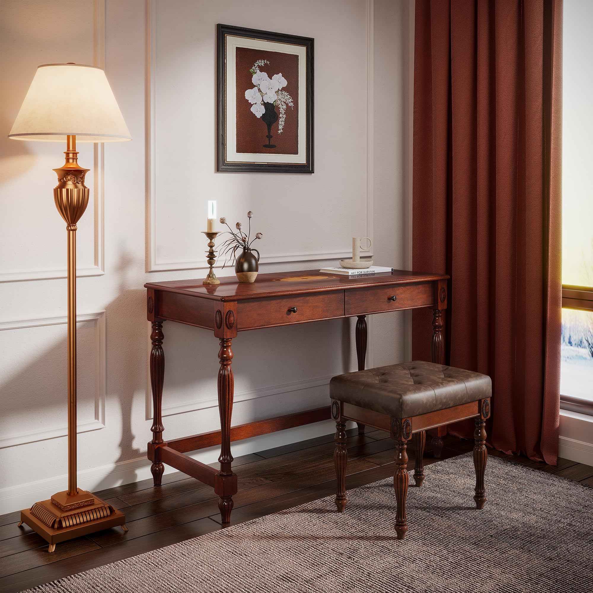 46" W Wood Writing Desk Stool Set, Large Makeup Vanity Set-Cheery&amp;Brown
