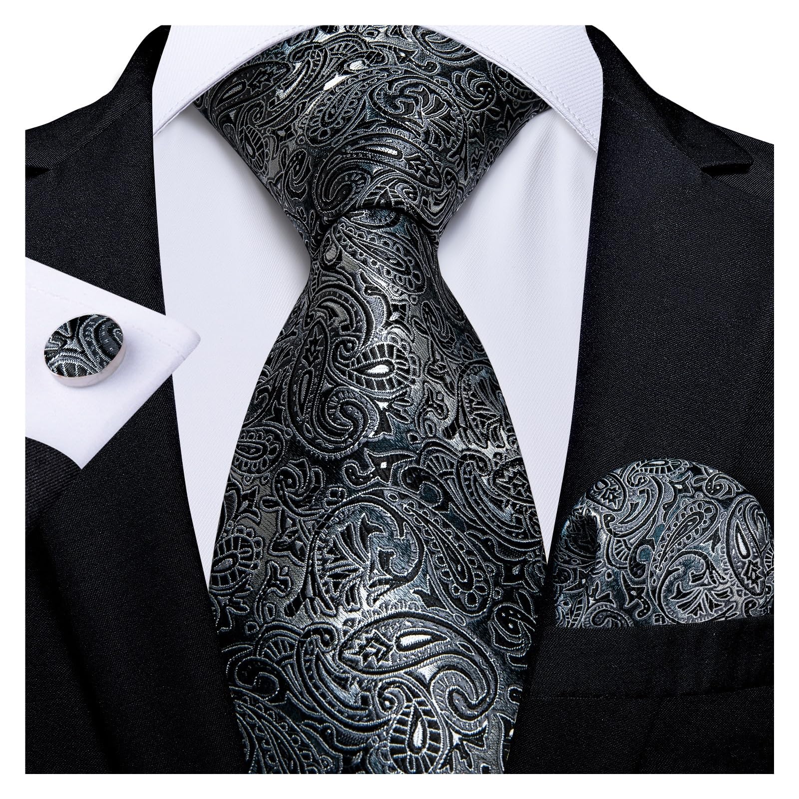 BAFAFA Corbatas de seda paisley azul plata para hombre 8 cm corbata de boda formal de trabajo conjunto pañuelo gemelos regalo for hombre