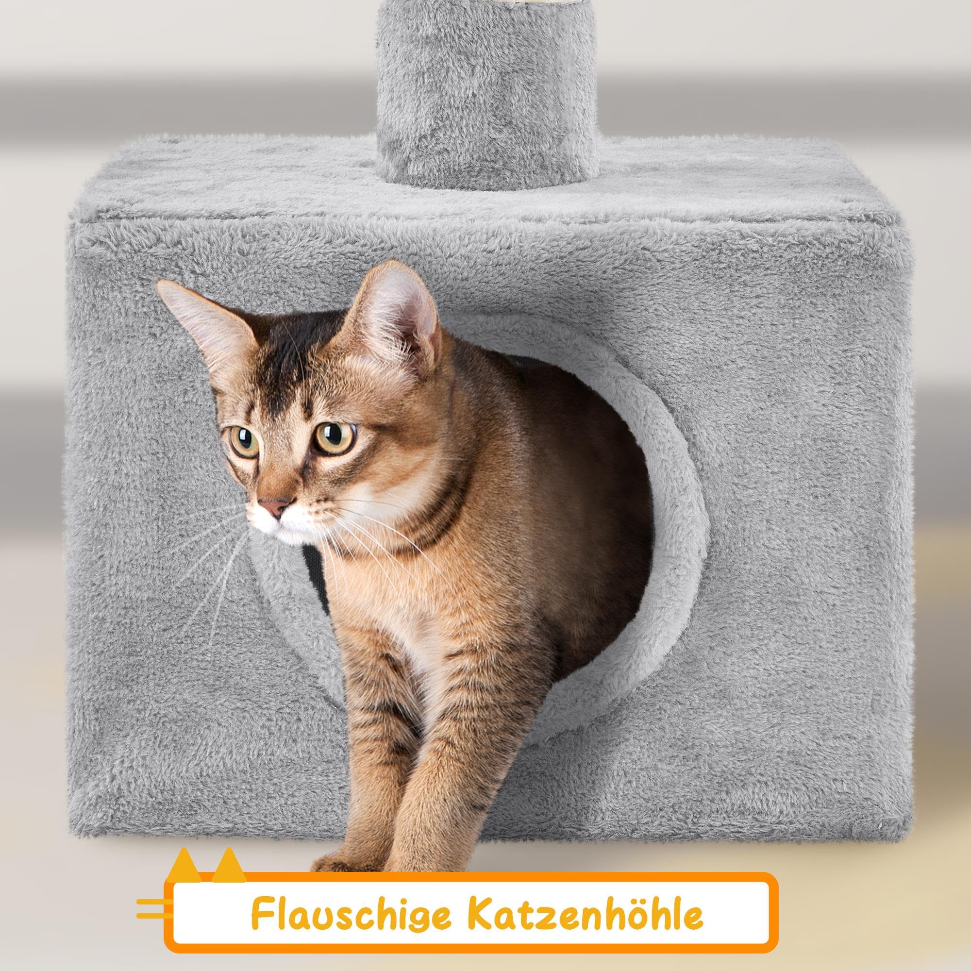 Yaheetech 226-265,5 cm Kratzbaum deckenhoch XXL Katzenbaum groß hellgrau | Höhenverstellbarer Kletterbaum | mit Deckenspanner | Flexibel in jede Richtung drehen | mit 3 Kratzsäulen & 4 Plattformen
