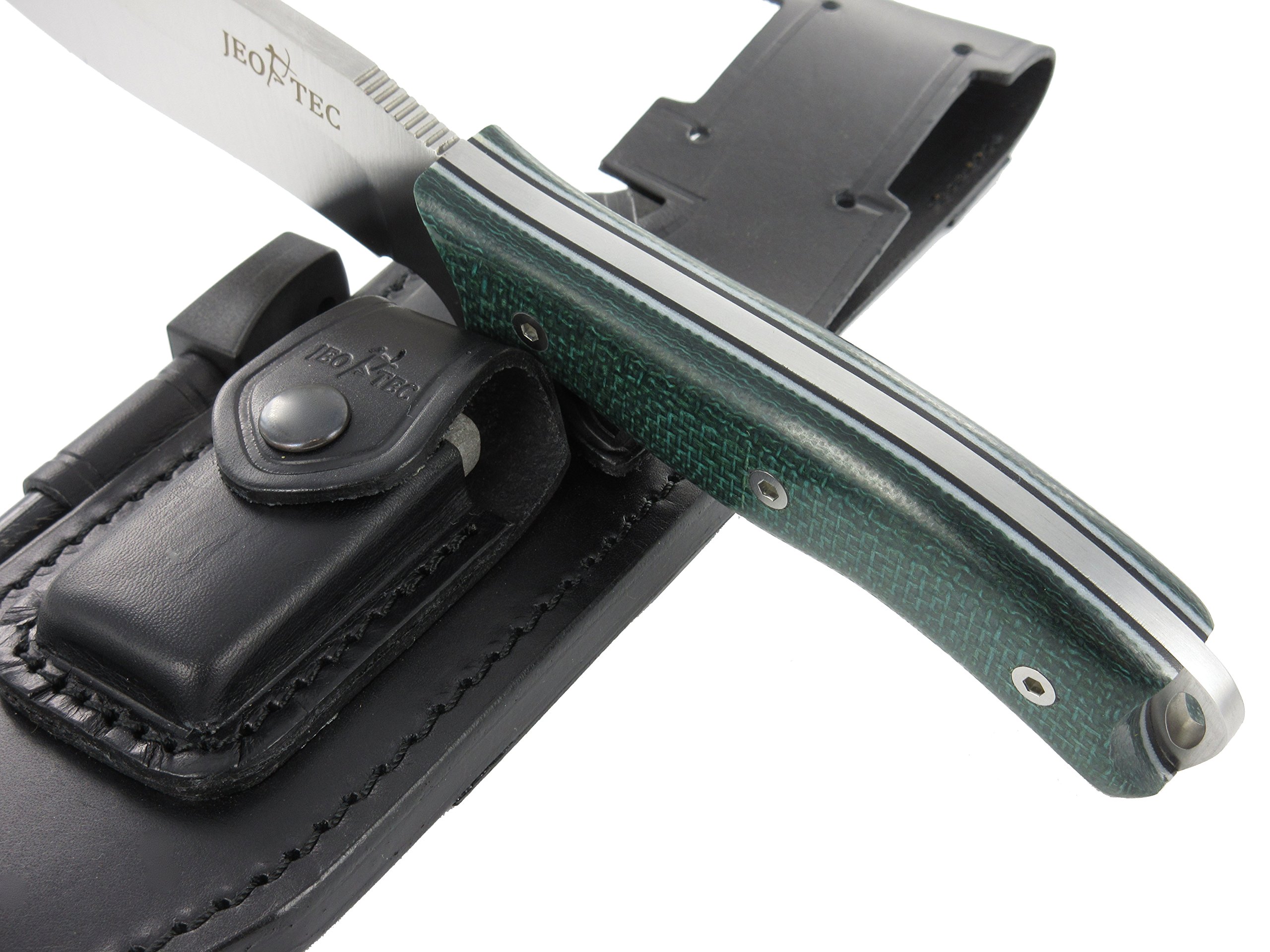 JEO-TEC Nº9 Cuchillo supervivencia caza monte bushcraft camping outdoor campo - Funda de piel con pedernal y piedra afilar incluidos - Acero MOVA-58 - Fabricado en España