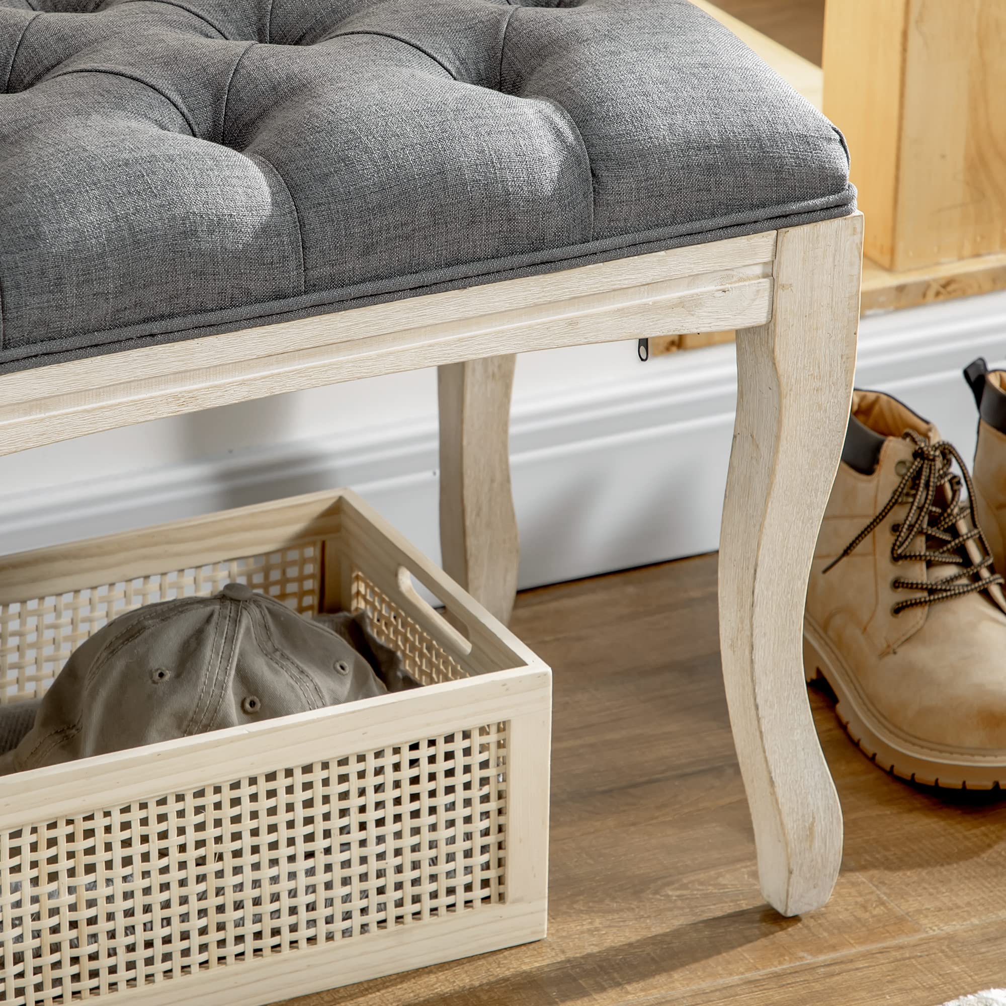 HOMCOM Panca imbottita stile classico, 110 cm, con testiera imbottita in lino, base in legno di Hevea intagliato, lino, grigio