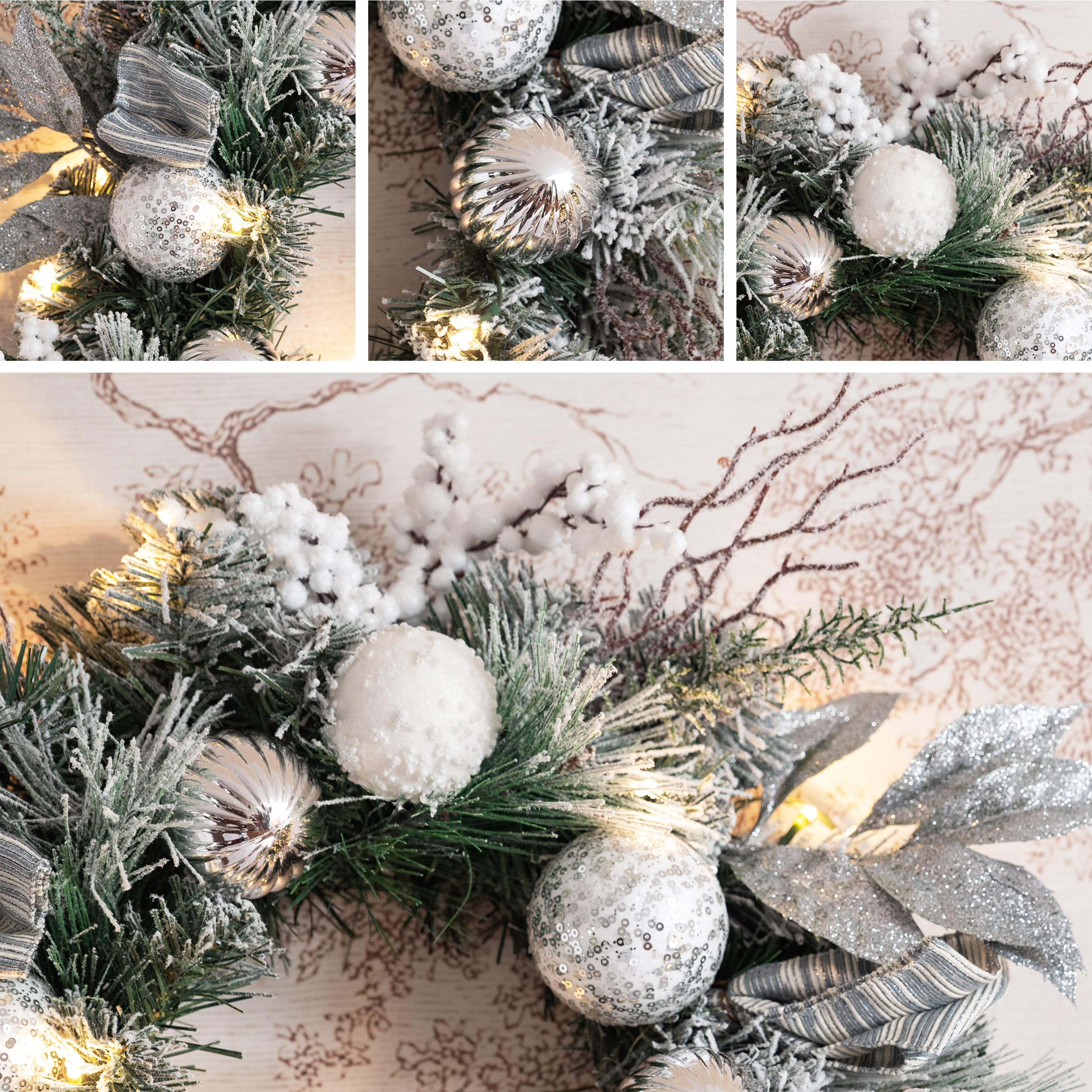 Couronne de Noël Lumineuse Artificielle 52 cm avec 15 Lumières LED Blanche pour Porte d'Entrée