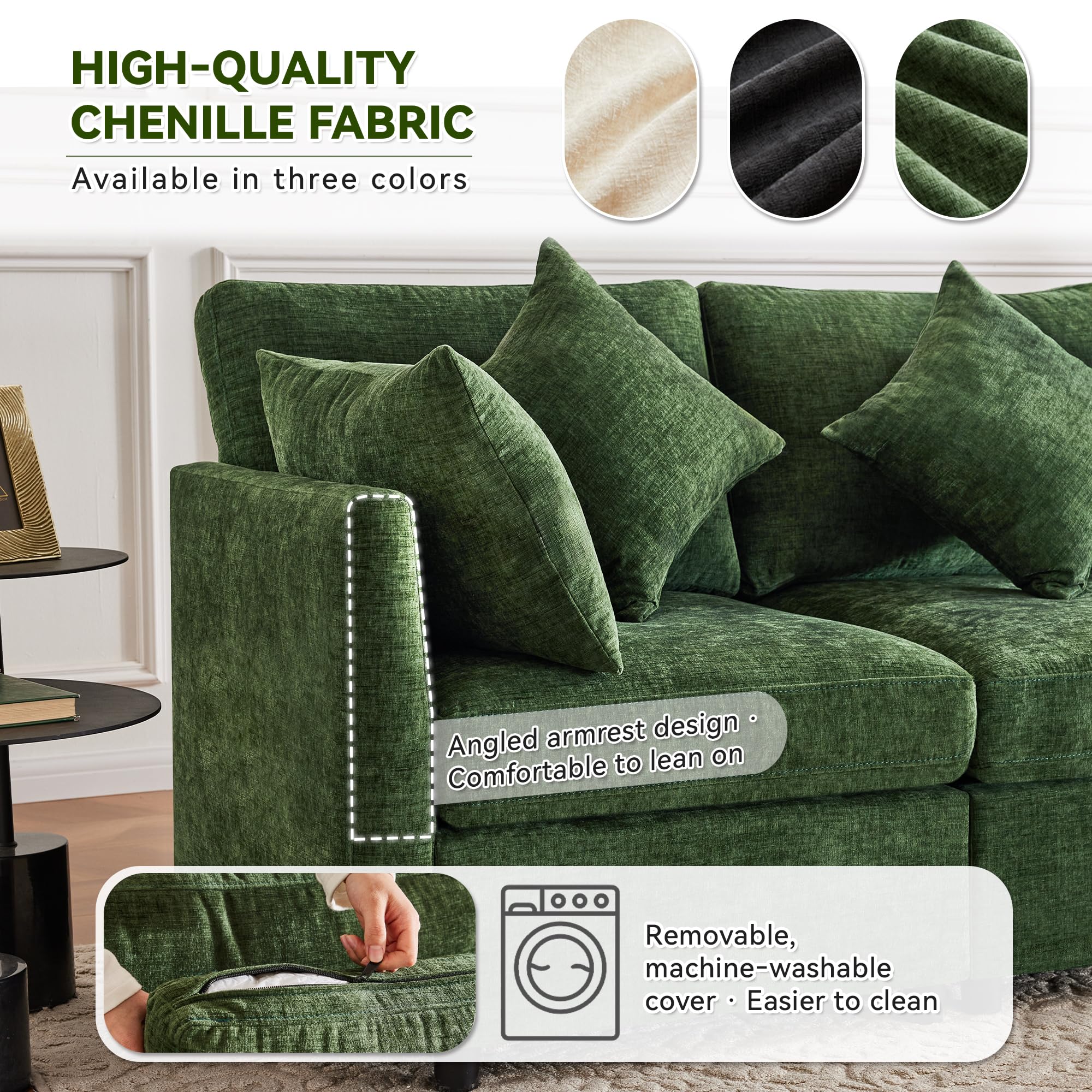 Yihomfy 278 cm canape Dangle Convertible,canapé d'angle Convertible, canapé modulable en U/L,canape modulable avec 2 poufs,6 Coussins, Chenille canapé 6 Places canapé panoramique,Vert