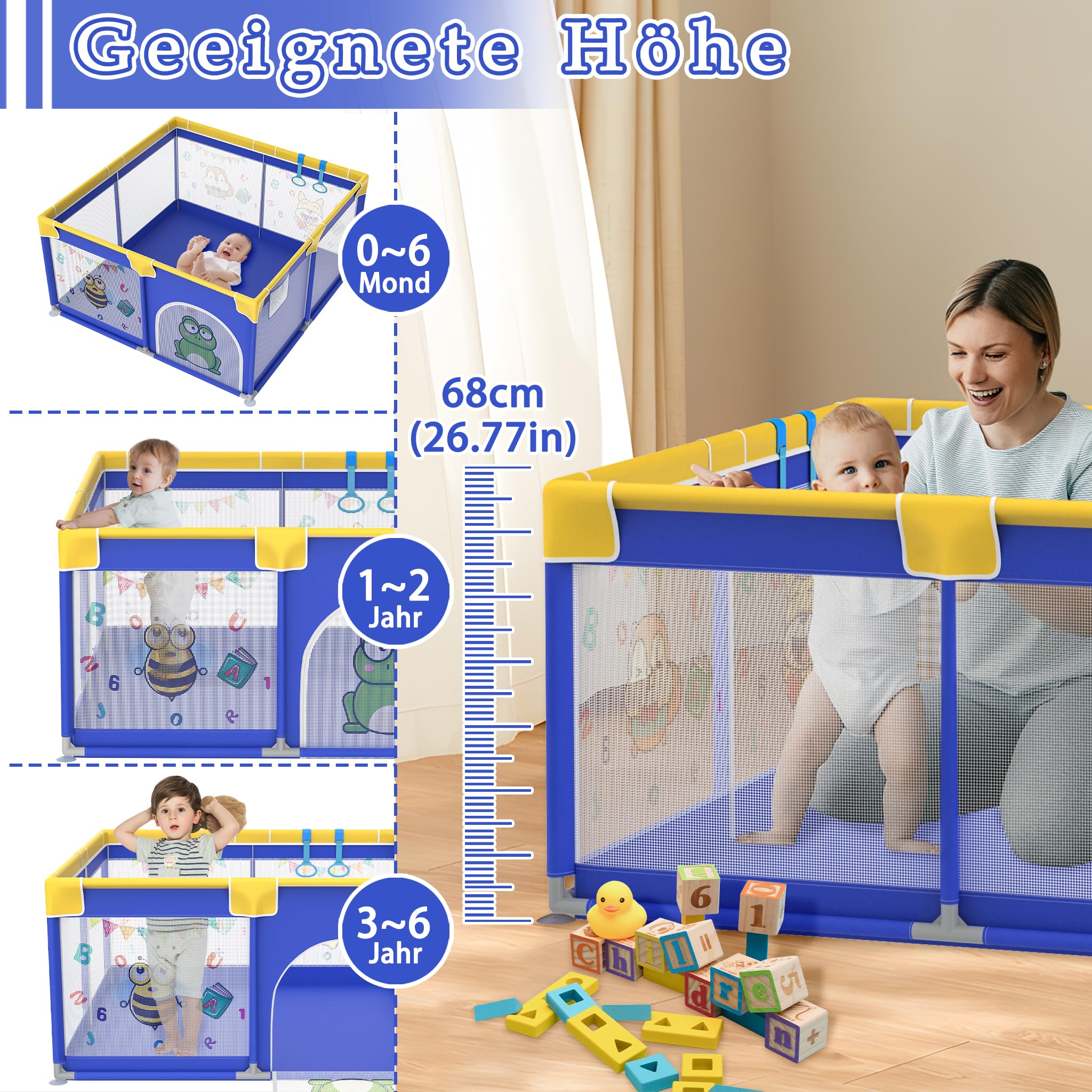 Aufun Box per Bambini, Tela 300D Oxford, con Schiuma Anti-Collisione, Griglia di Blocco, Rete Traspirante, Cerniera (Blu, 180x200x68 cm)