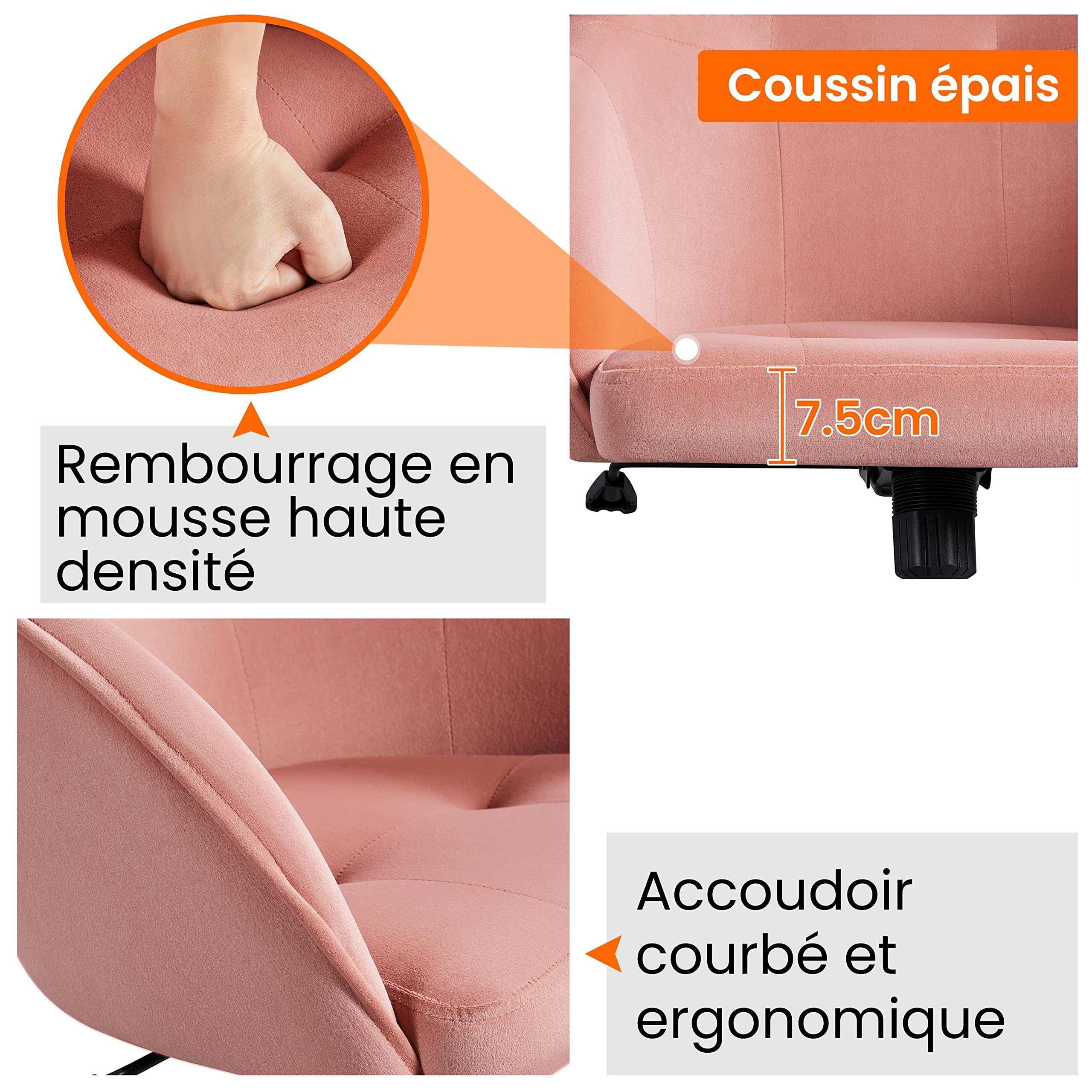 Abician Chaise de Bureau en Tissu Effet Velours Fauteuil de Bureau sur roulettes à 360° Réglable en Hauteur Cadre en Métal Charge Maximale de 136 kg Domicile Bibliothèque Rose