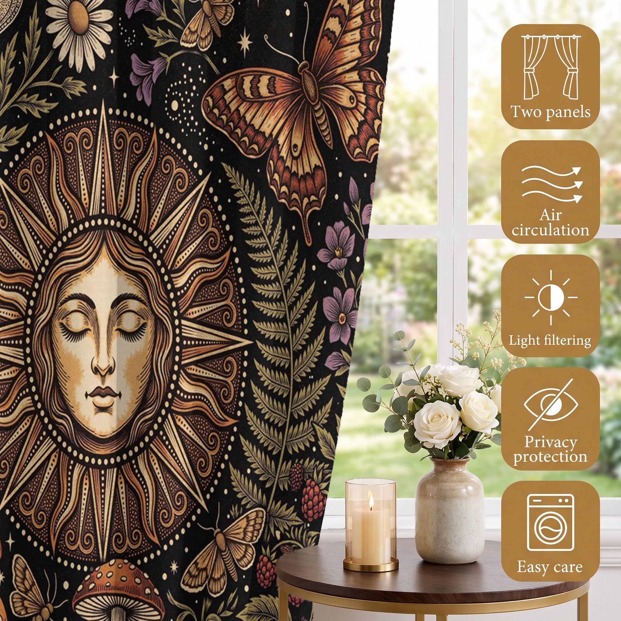 Cortinas Opacas De Tótem Solar Bohemio Planta Retro Cielo Estrellado | Juego De 2 Unidades, Cortinas Opacas con Ojales, Negro, Aislamiento Térmico para Salón Dormitorio, 140Anx260Al Cm