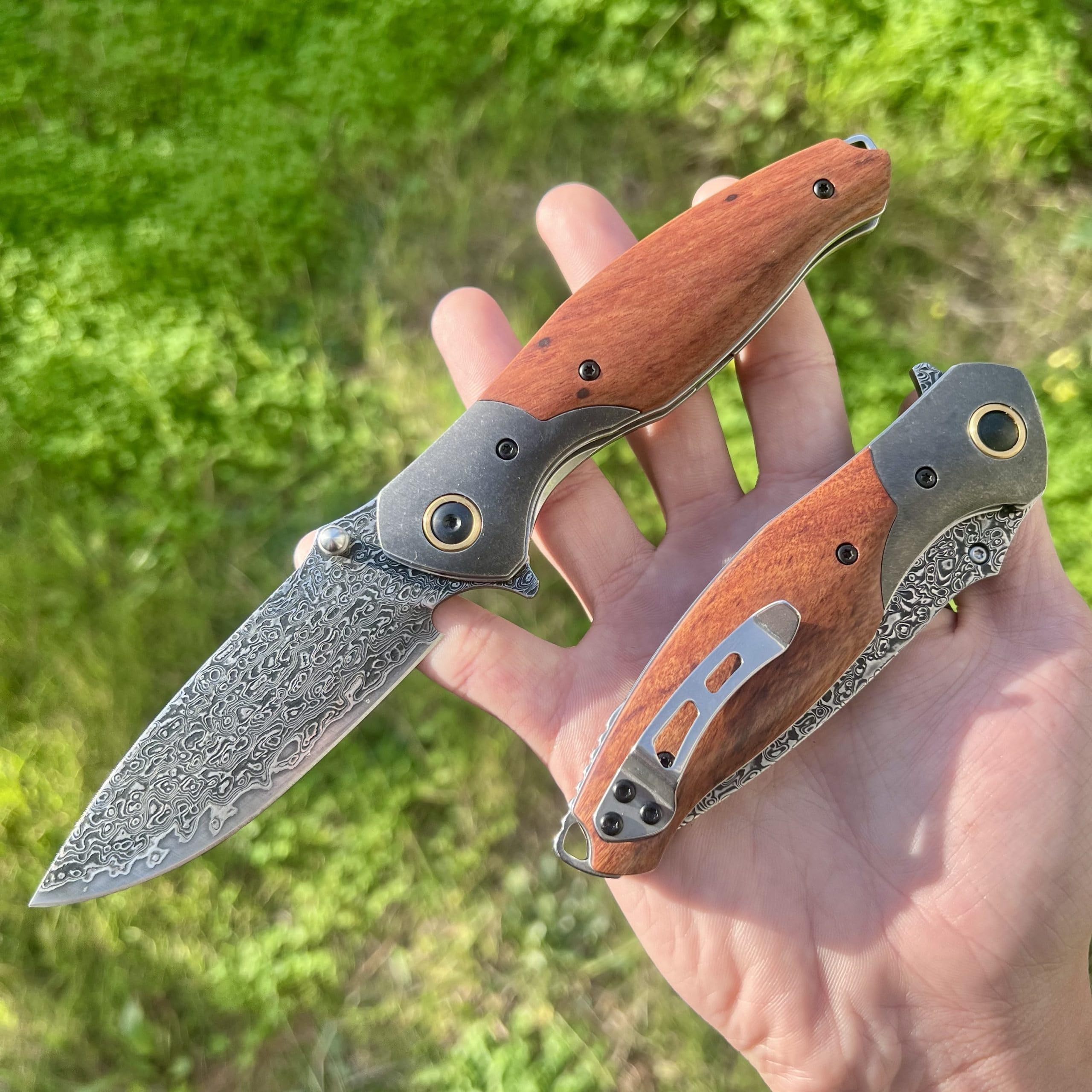 Coltello pieghevole lama acciaio damasco nero lusso camping pesca caccia manico legno edc taglio affilato artigianato collezione esterno regalo uomo bushcraft solido forgia cuscinetto sfere