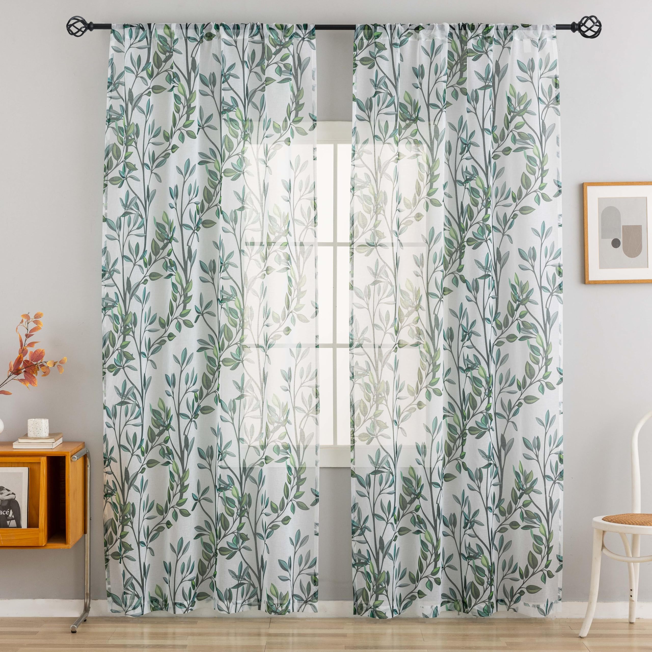 Conkov Green Leaves Sheer Curtains for Living Room 63 Inch Length Farmhouse Printed Privacy Curtains Rod Pocket Gauze for Bedroom,Light Filtering