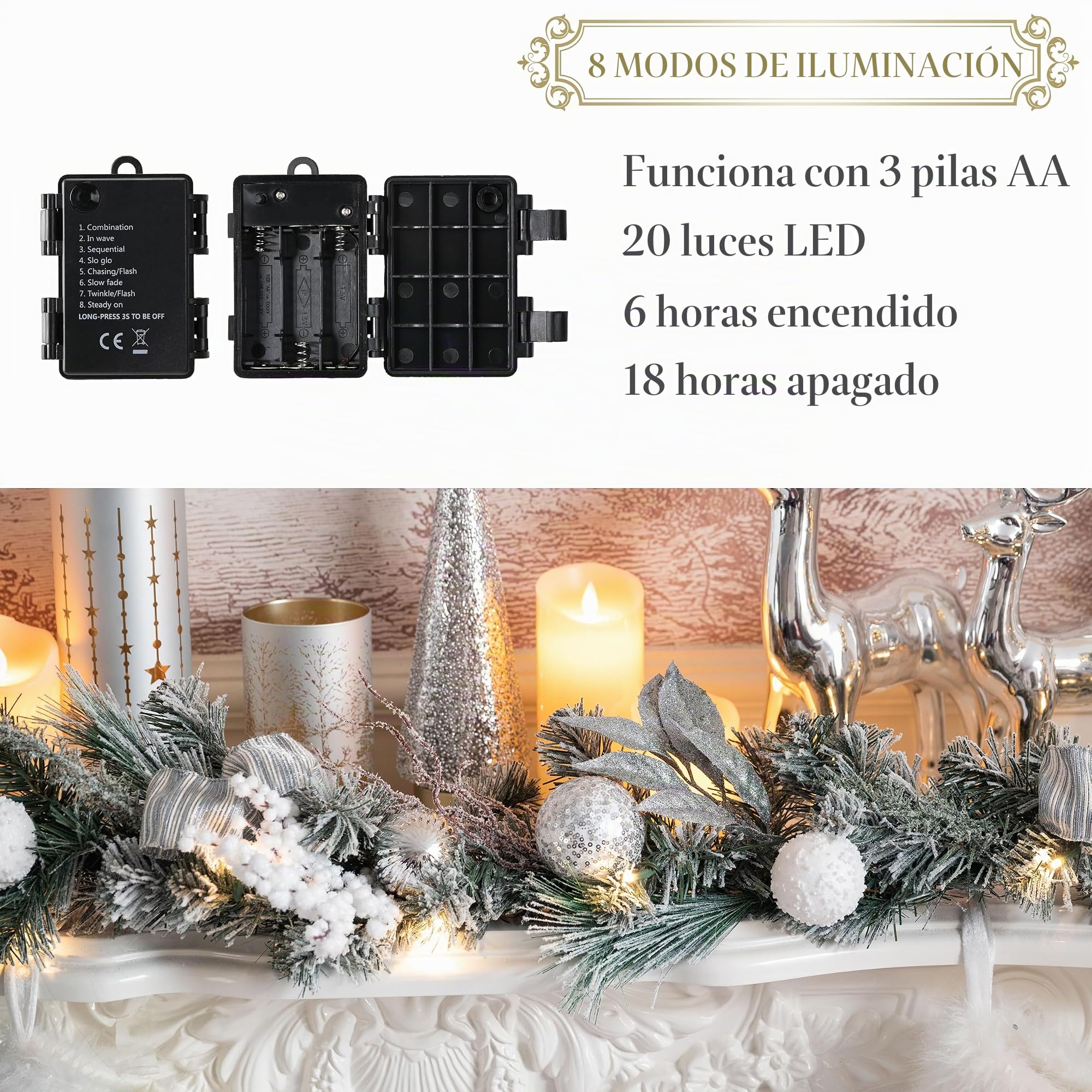 Valery Madelyn - Guirnalda navideña artificial de abeto, 183 cm con 20 LED y temporizador, bolas y lazos plateados y blancos - Decoración para escalera, chimenea, puerta, mesa