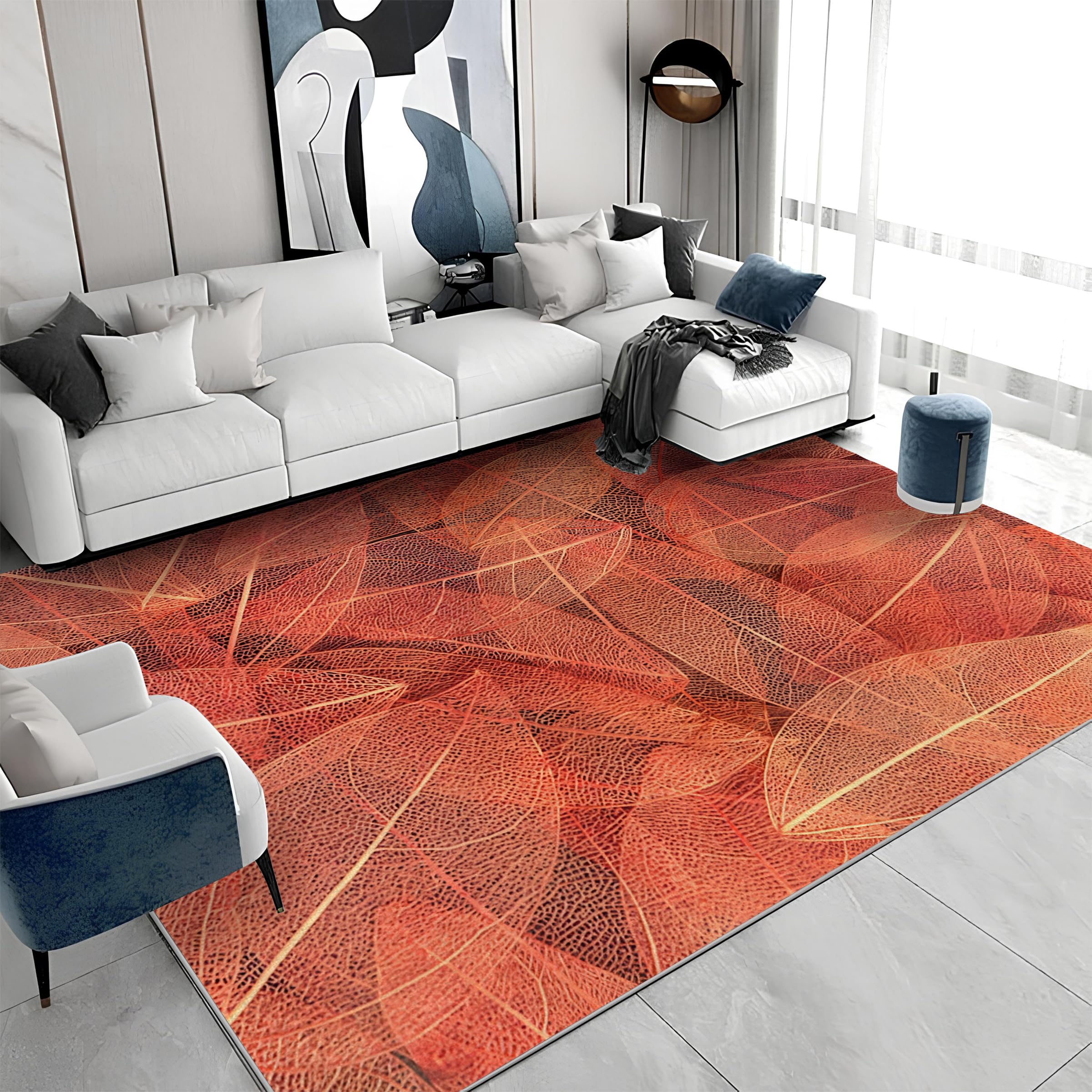 Großer waschbarer Kurzflor-Teppich 200x300 - Blätter Rot Teppiche - Naturästhetik Dünn Saugfähig Vielseitig Carpet für Wohnzimmer Schlafzimmer Oder Als Bettvorlege S&1900