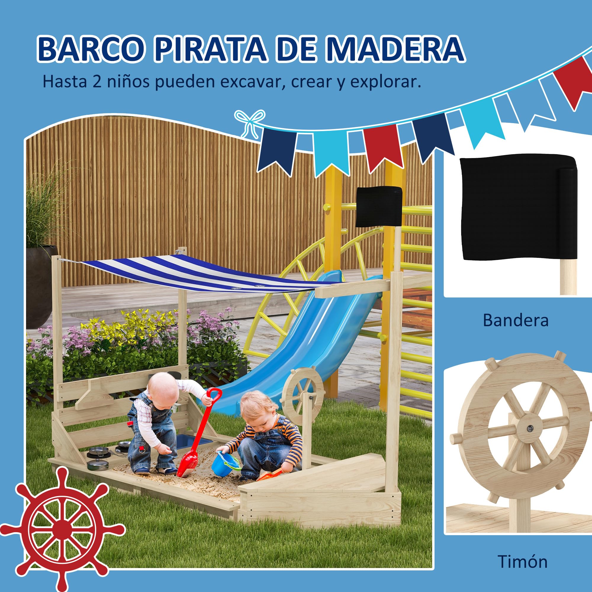 Outsunny Arenero para Niños de Madera Arenero Infantil con Toldo Volante Juguetes de Cocina y Forma de Barco Pirata para Patio Jardín 180x103x144,5 cm Natural