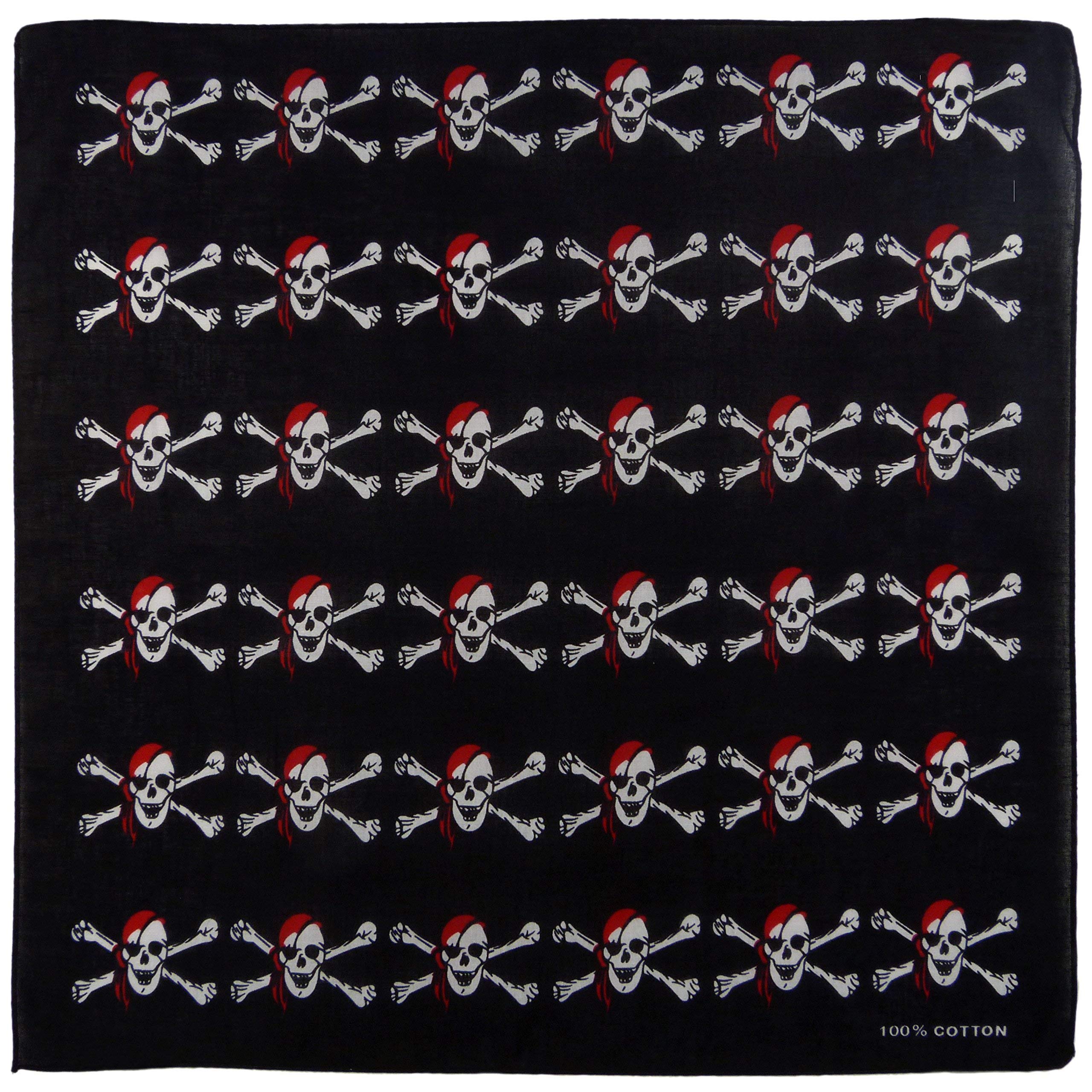 Pickled Moon Mens Boys Black Bandana Bandanna Multi Skull & Crossbones Wearing Red Scarf Eye Patch Jolly Roger