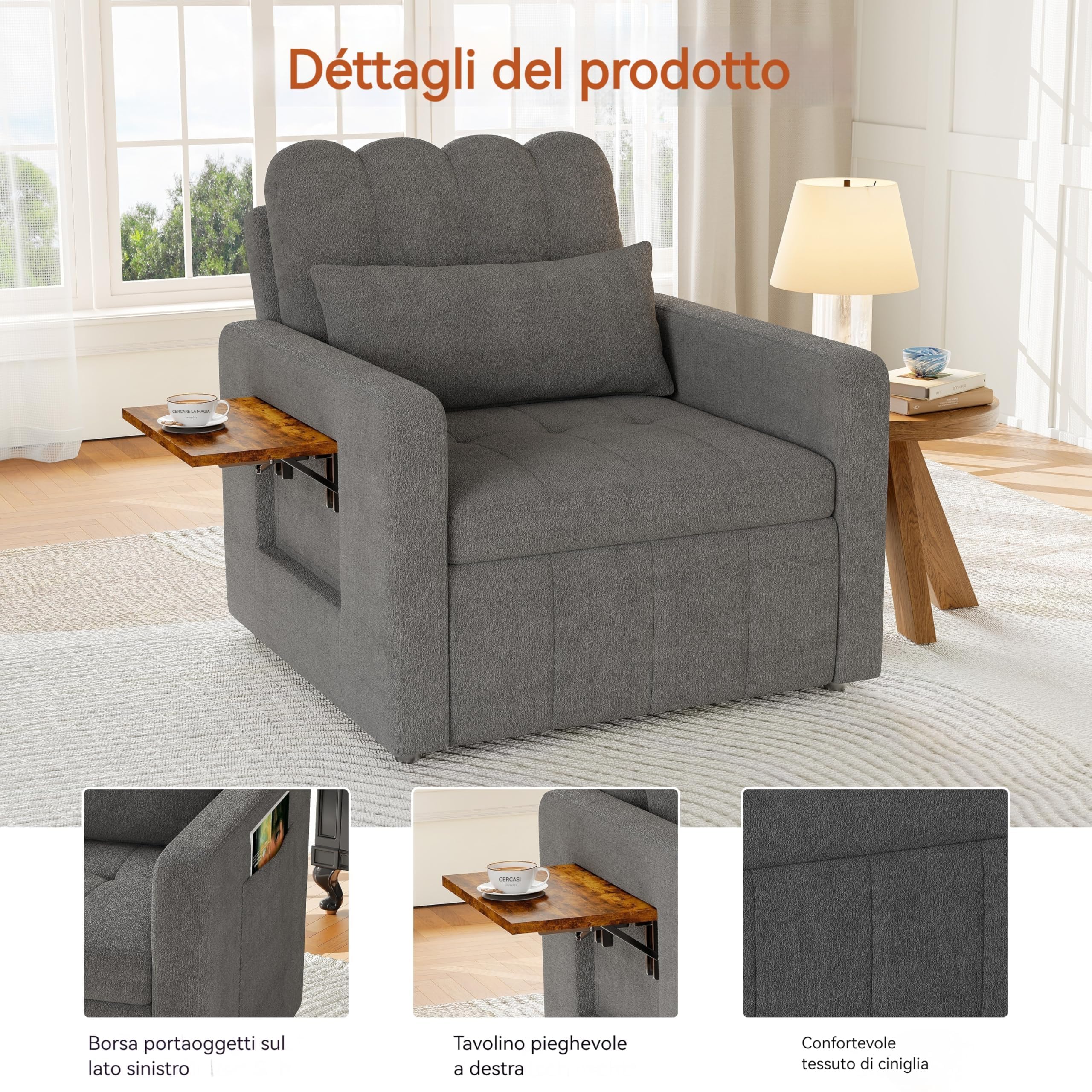 Fotel rozkładany 3 w 1, rozkładany fotel rozkładany z funkcją łóżka, rozkładana sofa, łóżka ze składanymi stołami herbacianymi, regulowany fotel z poduszką, szary, 190 x 108 x 86 cm