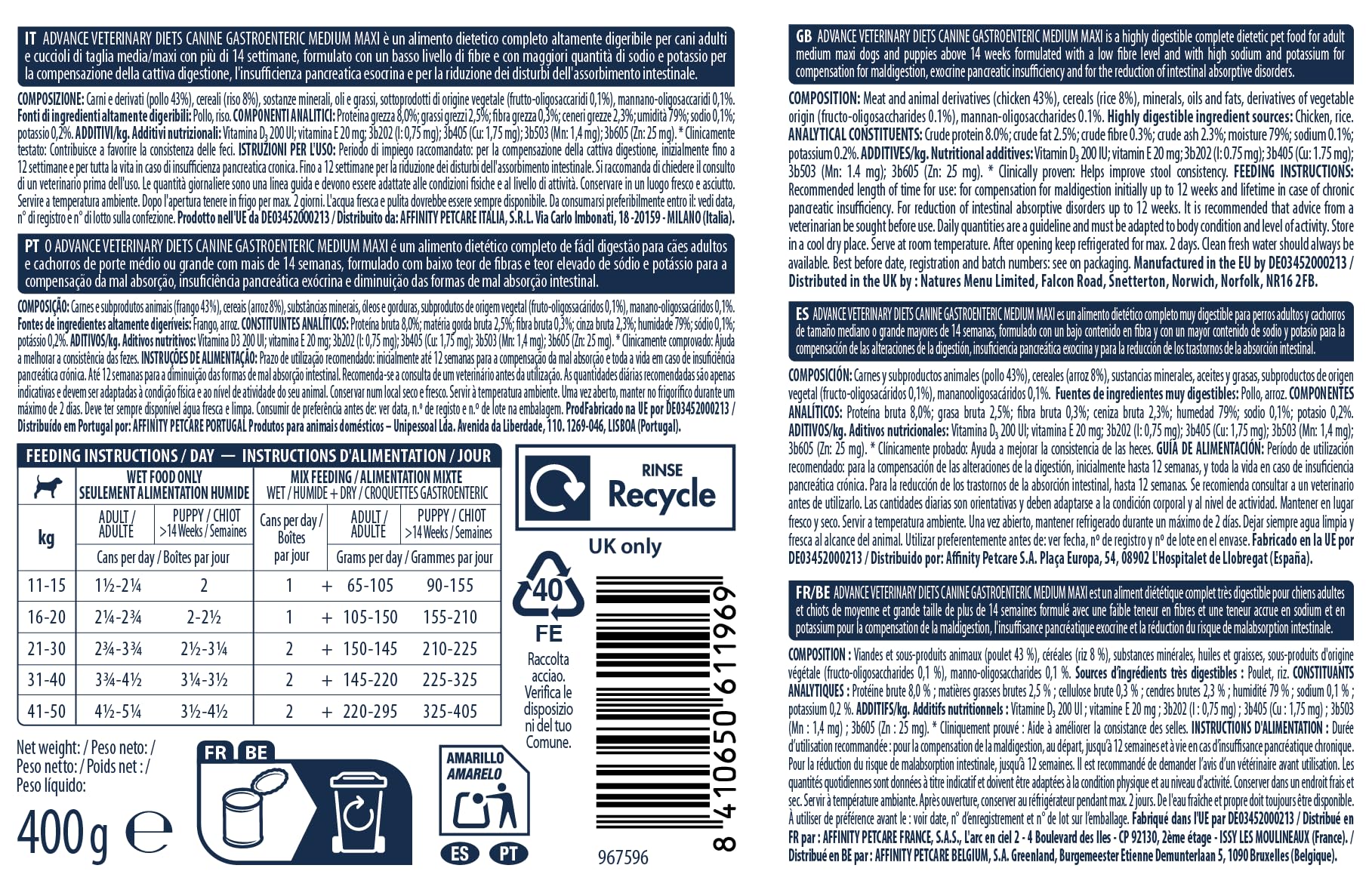 Advance Diets Cibo Umido per Cani Gastroenteric 6x400g
