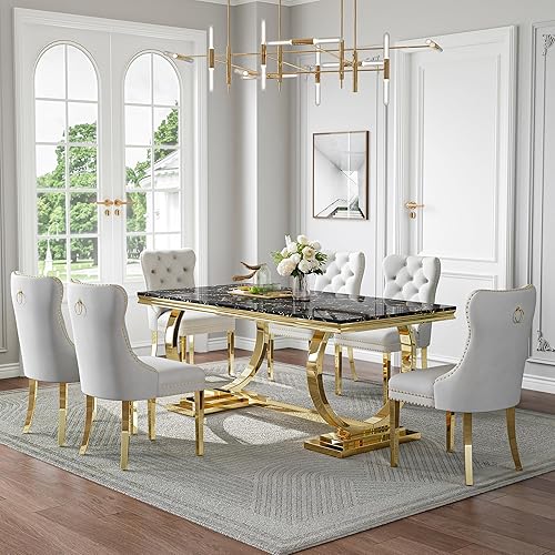 Miniatura 22 de Juego de mesa de comedor de mármol sintético de 70 pulgadas para 6, mesa de cocina grande y sillas de cuero sintético blanco, mesas de comedor Plata