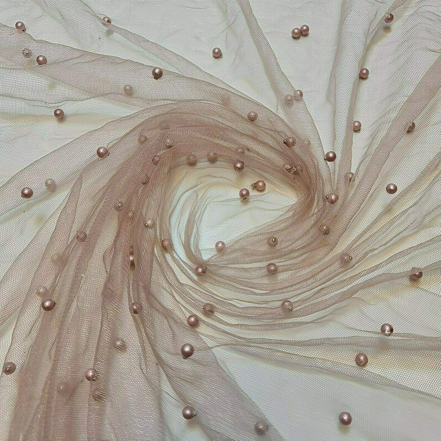 Textile Station 58" Wide Tulle Beaded Pearl Lace Net Fabric Bridal Veil Wedding Backdrop Décor Available in 25 Colours (Dark Dusty Pink
