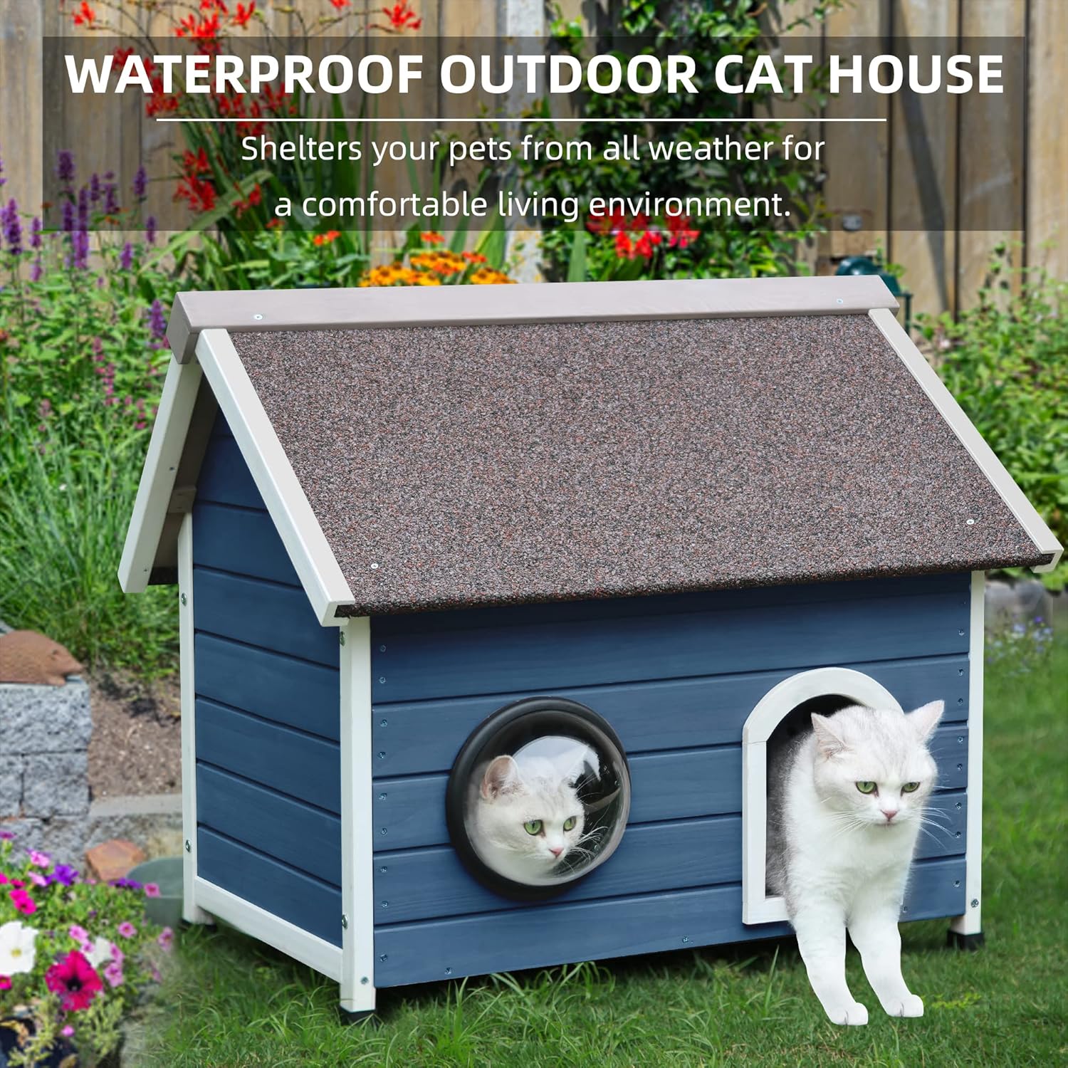 Deblue Weatherproof Cat House for Feral Cats, Cat House for Outdoor Cats, Unique Wooden Outside Cat Shelter with Escape Door, Clear Window and Attic-Blue