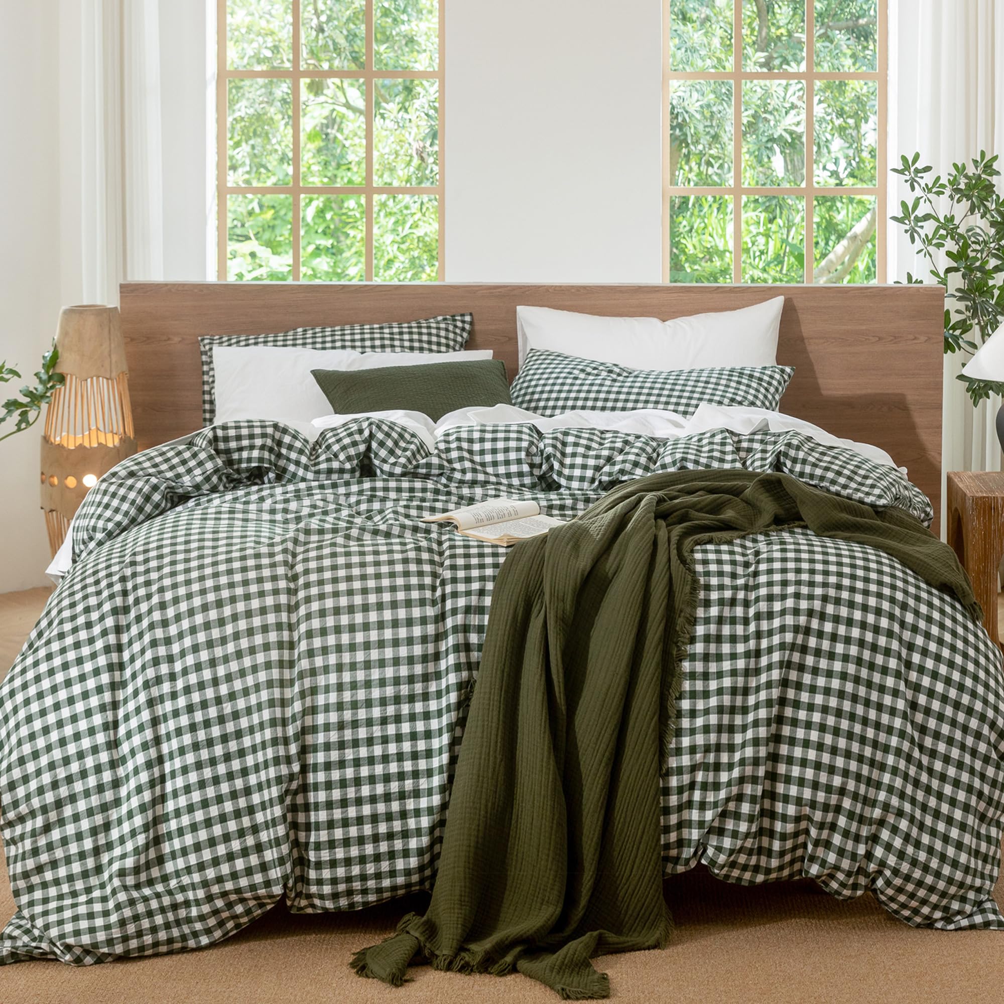 MooMee Gingham Duvet Cover Set 100% Washed Cotton Linen Like Textured Breathable Durable Soft Comfy Modern Checkered Design (Forest Green Gingham, Twin 68"x90") โ image 1