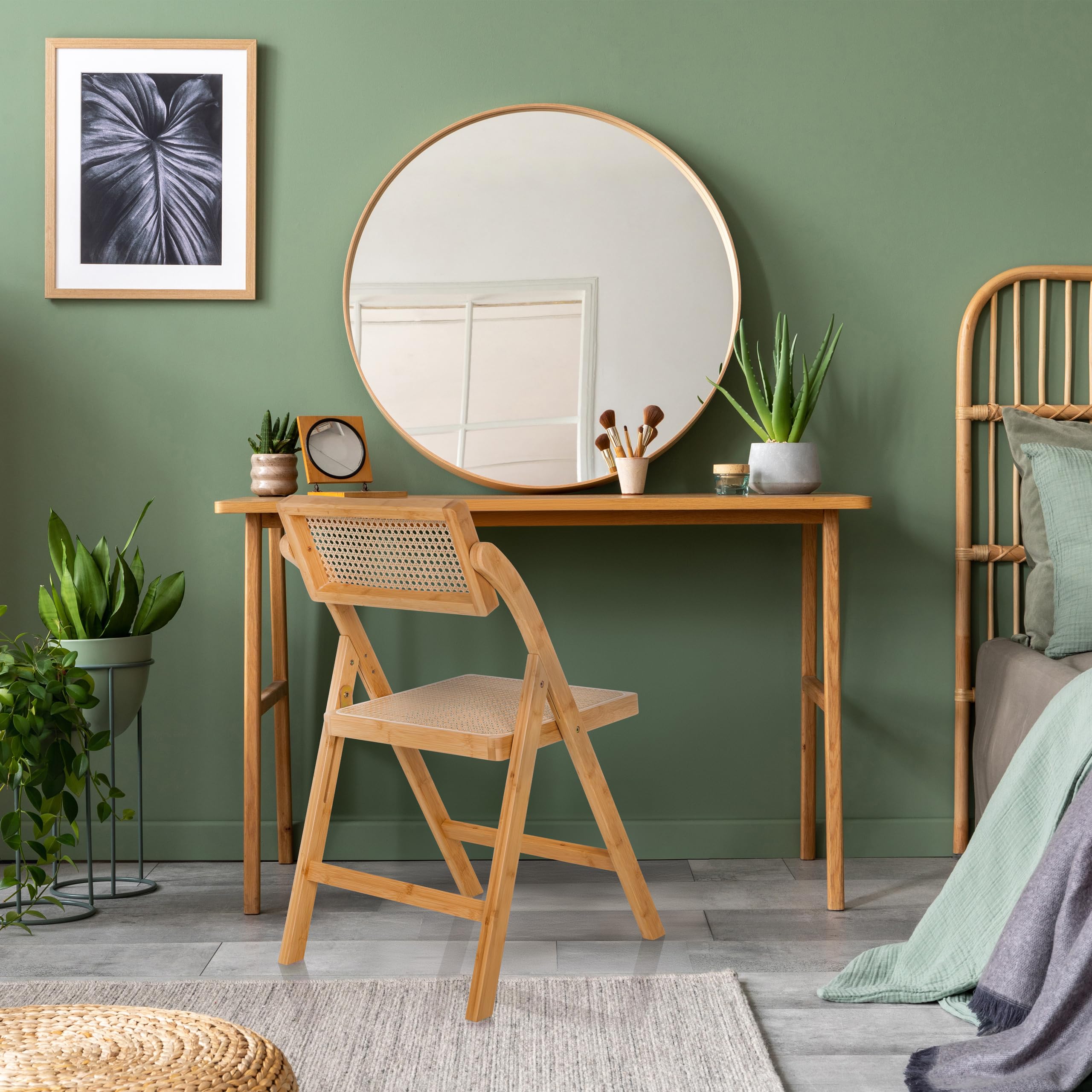 Silla plegable de bambú con trenzado vienés Tudela Bamboo, silla plegable de madera, 130 kg, respaldo giratorio 360°
