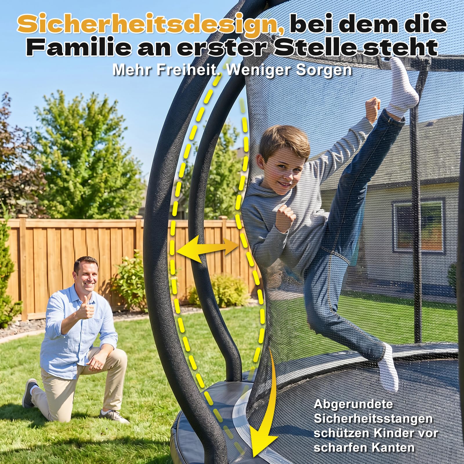 JUMMICO Trampolin Outdoor Ø 228/305/366/427/488 cm mit Schutznetz und Leiter, GS-geprüftes Freizeit-Trampolin für Kinder und Erwachsene, Rahmen mit Rostschutzbeschichtung, Belastbarkeit 150kg