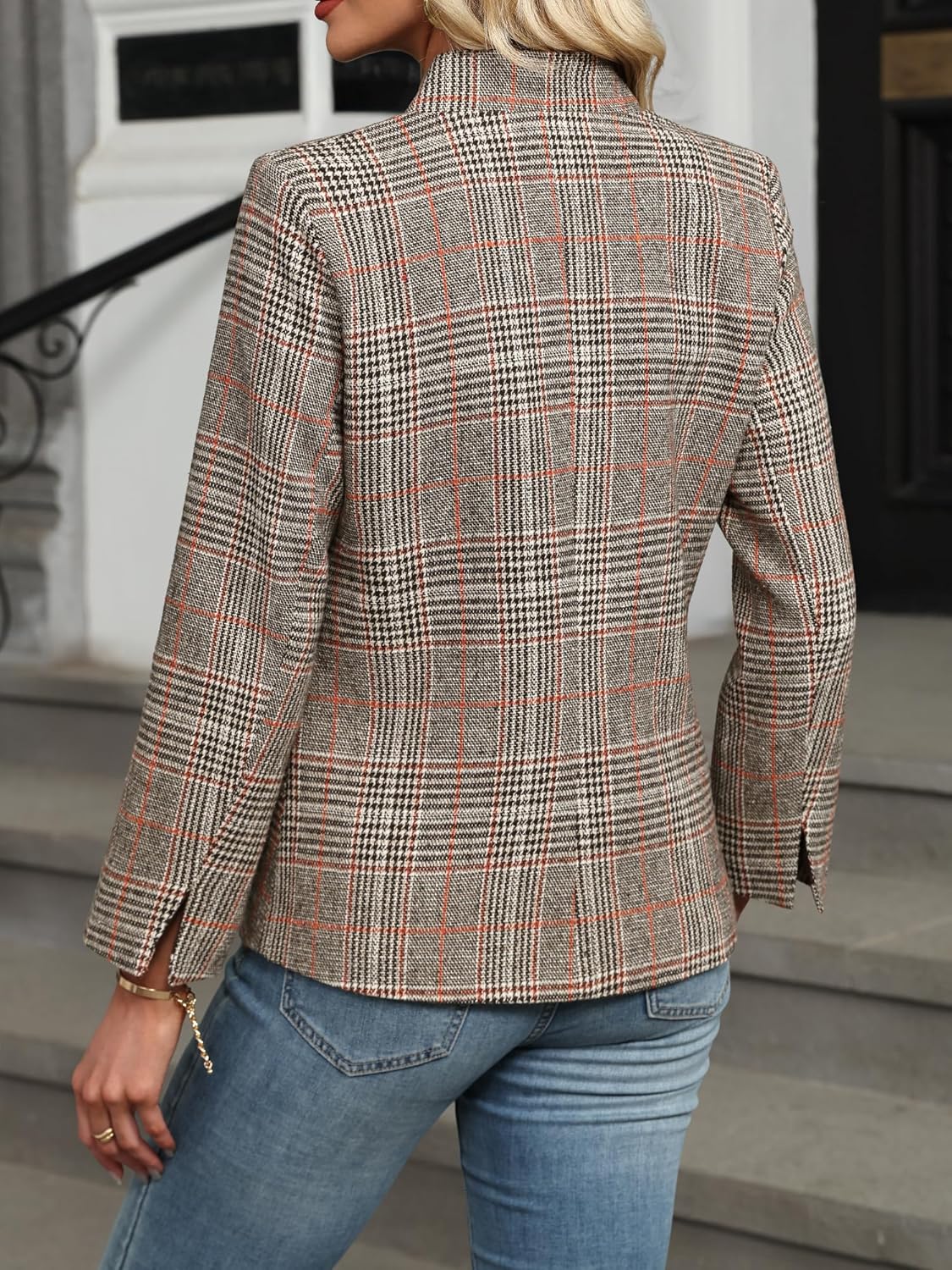 ELLEVEN Women's Plaid Blazer Open Front Stand Collar Houndstooth Suit Boyfriends Jacket for Work Casual - Image 2