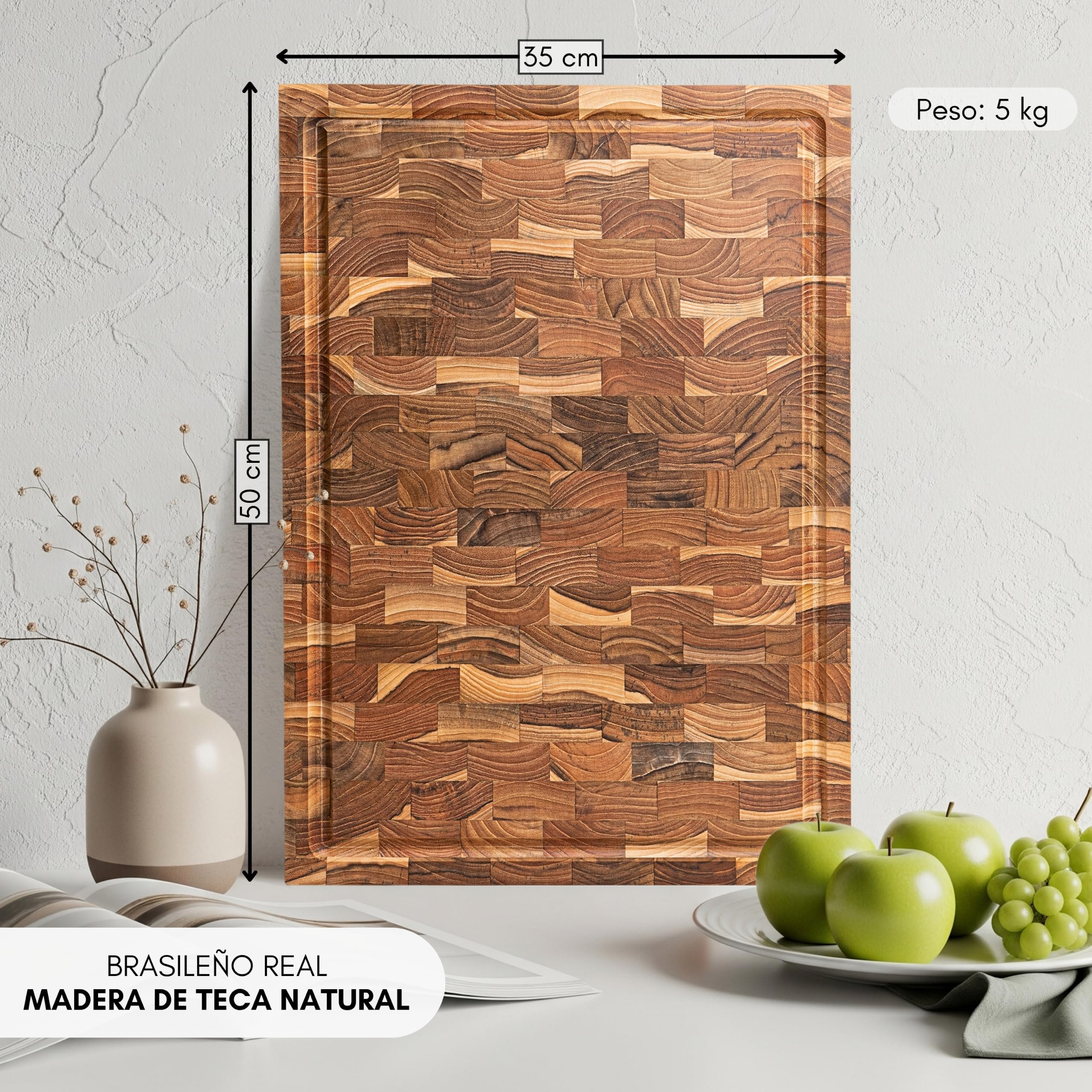 Erreke Tabla de Madera de Teca End Grain, 50x35x5 cm, Grande y Gruesa | Tipo Bloque Carnicero con Ranura. Patas Antideslizantes y Asas Biseladas. Tabla Madera Cocina. Tabla de Servir y Presentación