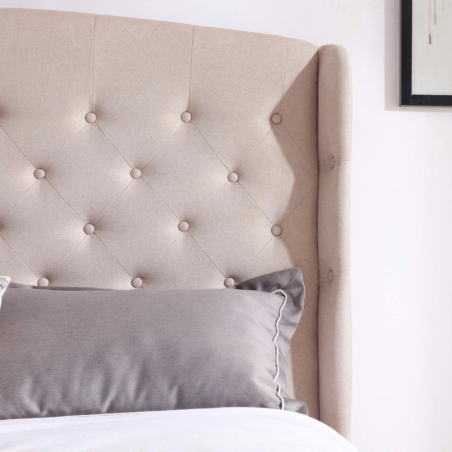 Classic Brands Brighton Upholstered Platform Bed | Headboard and Metal Frame with Wood Slat Support, Queen, Linen