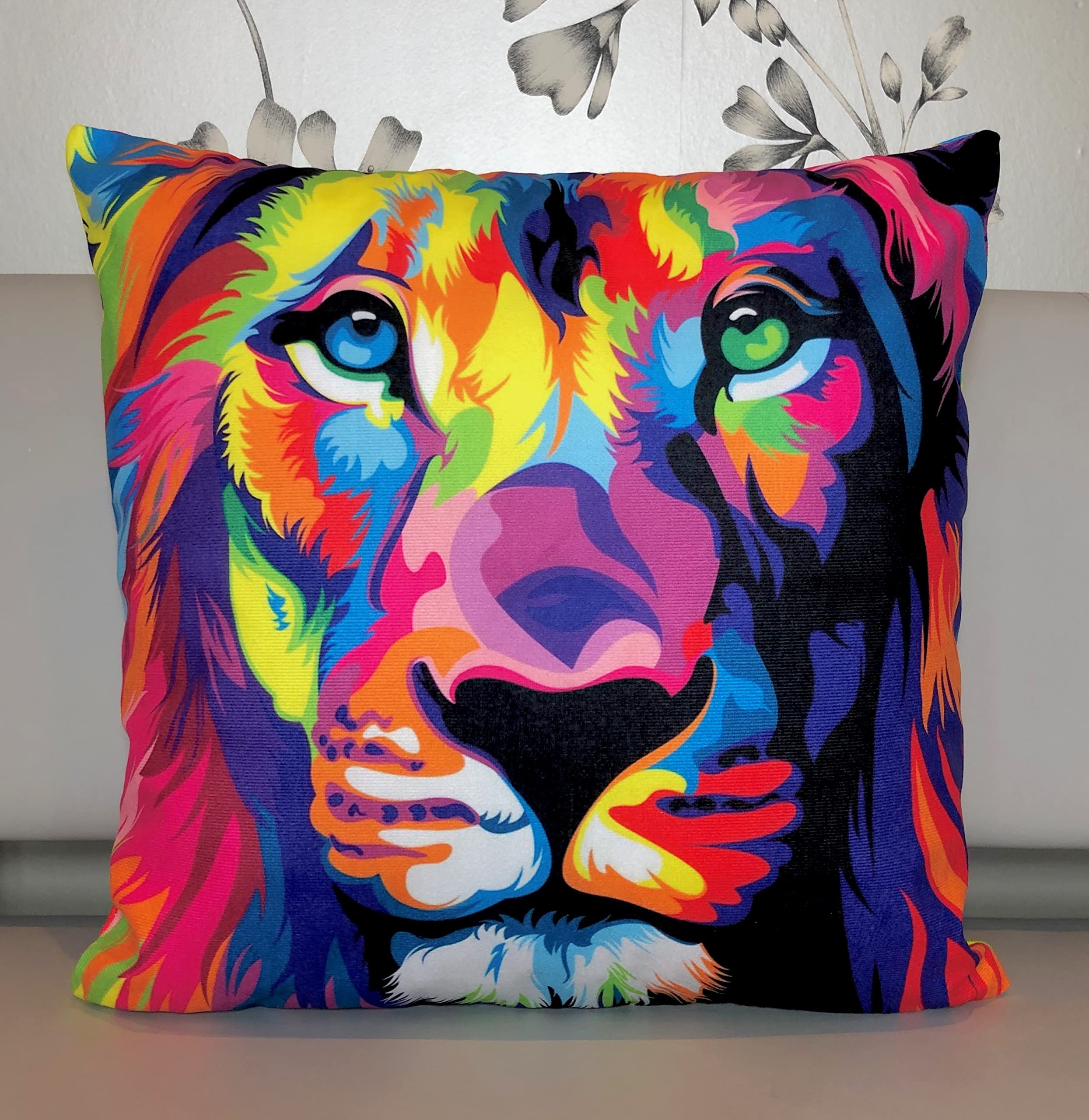 The Beach Stop Boys Colourful Lion Neon Rainbow Safari Jungle Lion Cushion Cover | Unique Living Room & Bedroom Animal Decor | Gift Idea | 45X45cm 18X18” |