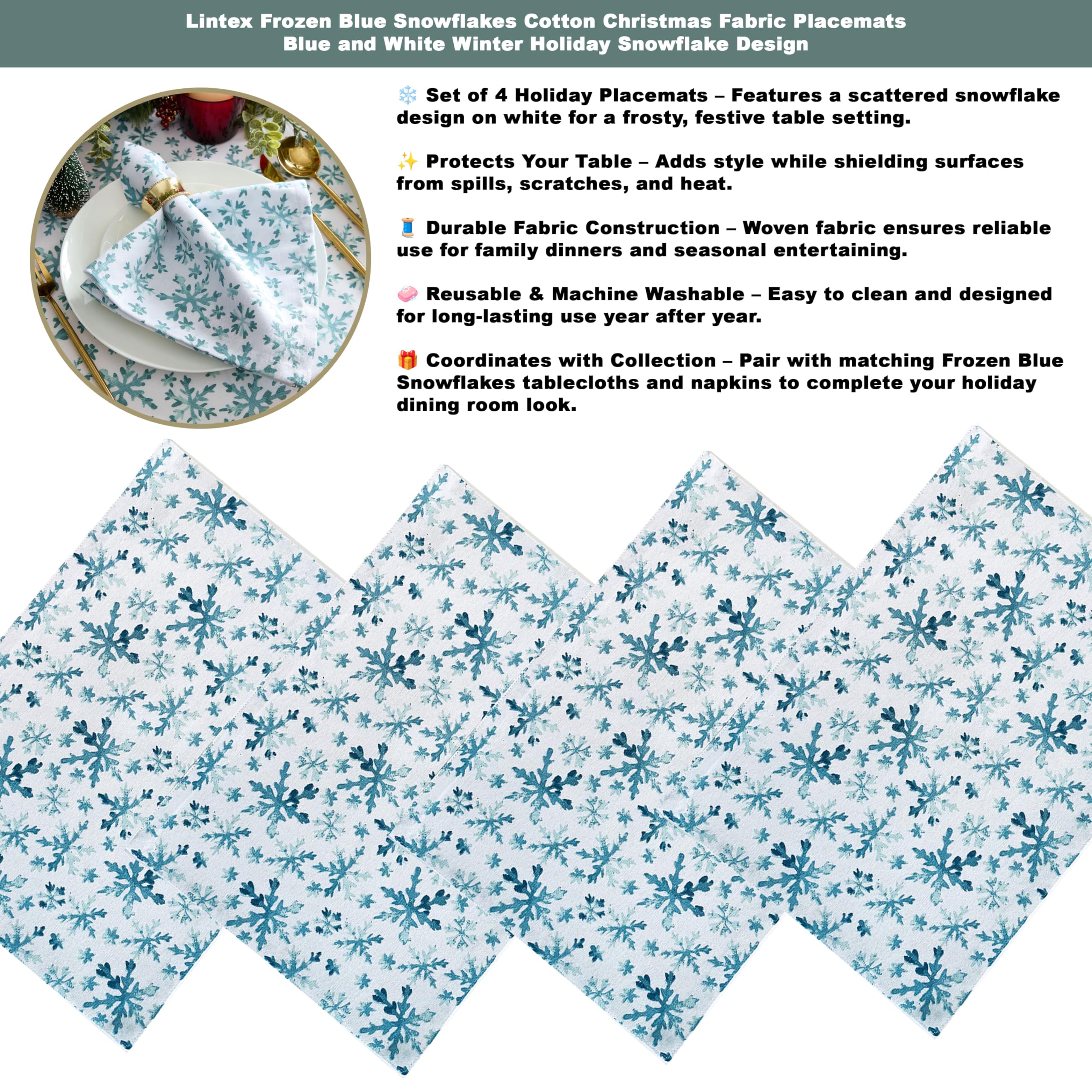 Lintex Mantel de tela de algodón con copos de nieve azul congelado, azul y blanco, mantel de algodón de fácil cuidado, 152 x 213 cm, oblongo/rectangular