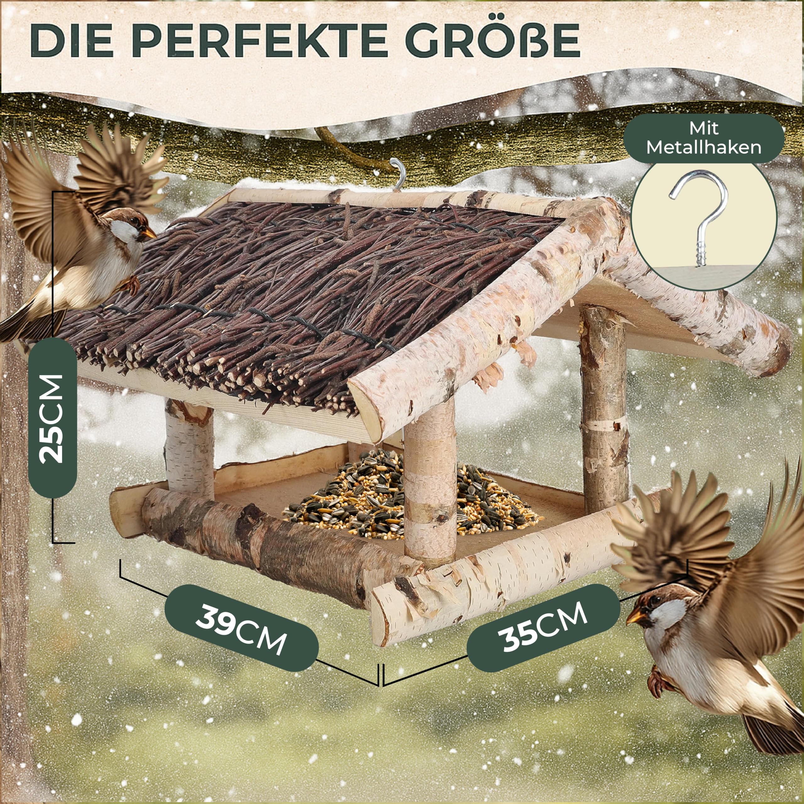 Vogelfutterhaus zum Aufhängen - Futterhaus für Vögel hängend - Bird House - wetterfest -wetterbeständiges Dach, 39×35×25 cm, inkl. 500g Vogelfutter sofort einsatzbereit Handgefertigt in der EU
