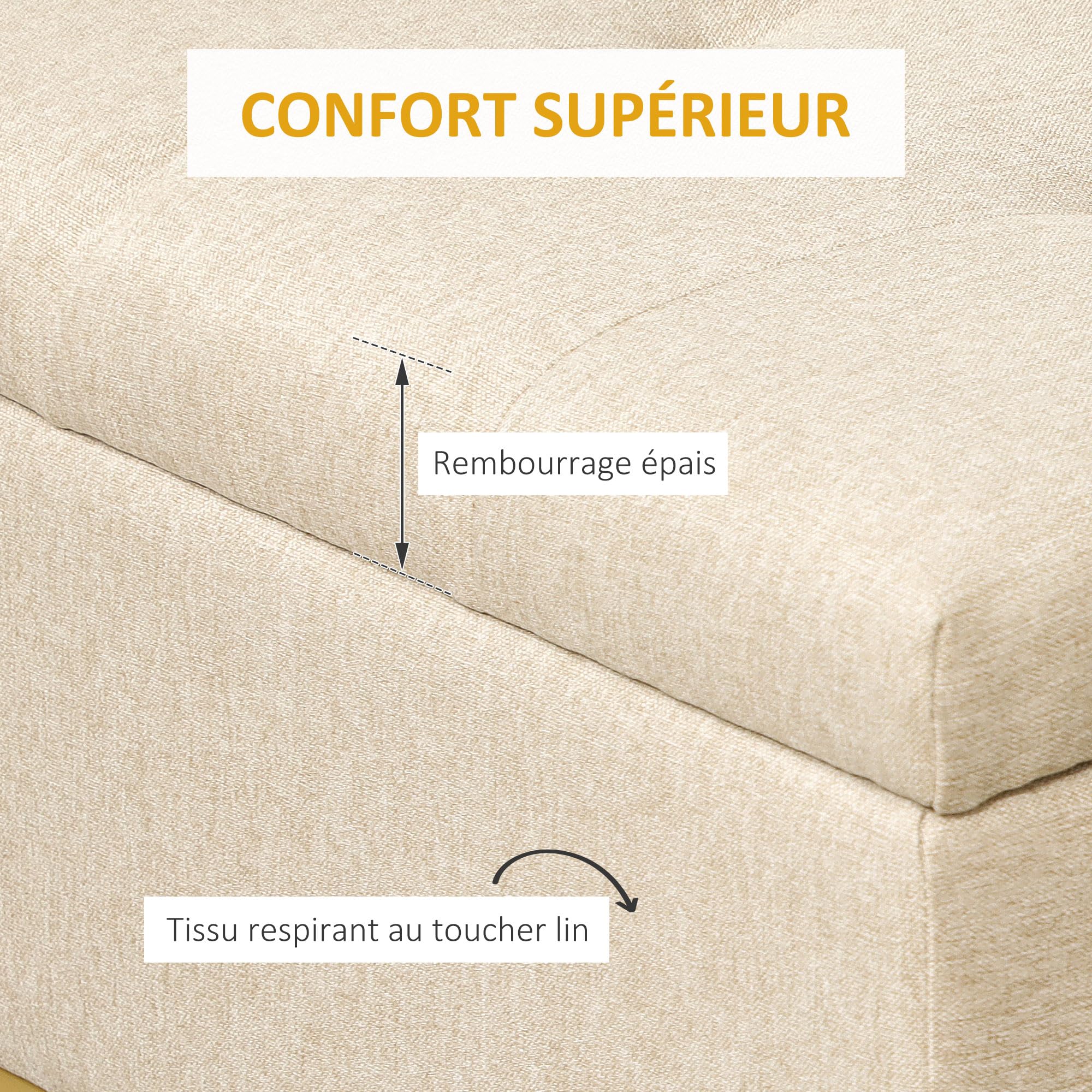 HOMCOM Banc de Rangement, Bout de lit, Coffre de Rangement avec Assise capitonnée et Pieds en Acier, 110 x 44 x 48 cm, Beige et doré