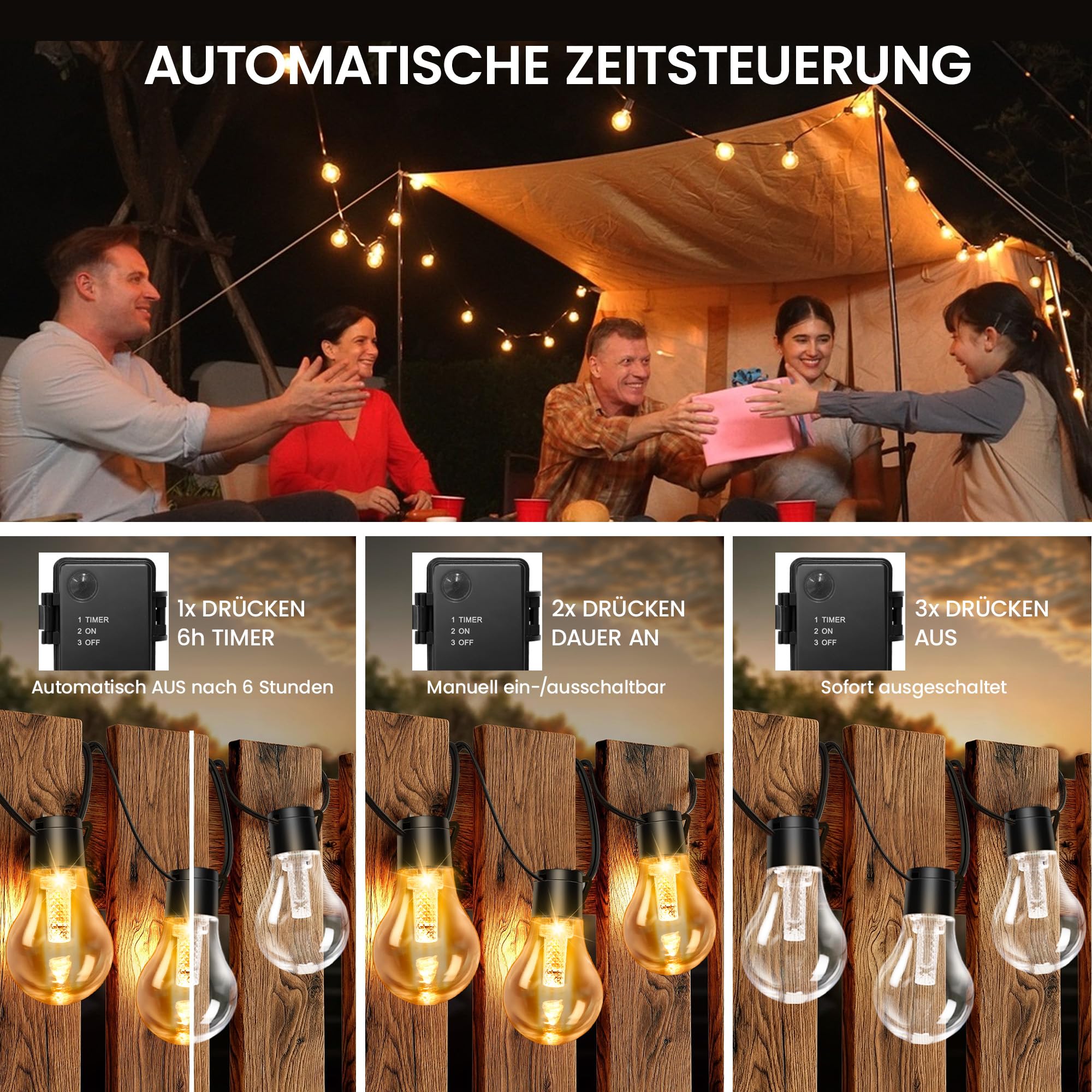 Cadena de luces LED para exteriores, con temporizador, 9 m, 12 bombillas A60, USB, recargable, 5000 mAh, para exteriores, Navidad, ventanas, escaleras, jardines, pabellones, bodas