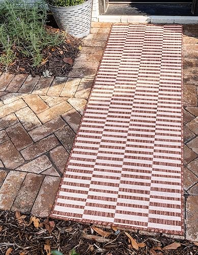 Unique Loom Outdoor Collection Classic Stripes, Transitional Indoor & Outdoor Area Rug, Rectangular 2' 0" x 6' 0", RedIvory