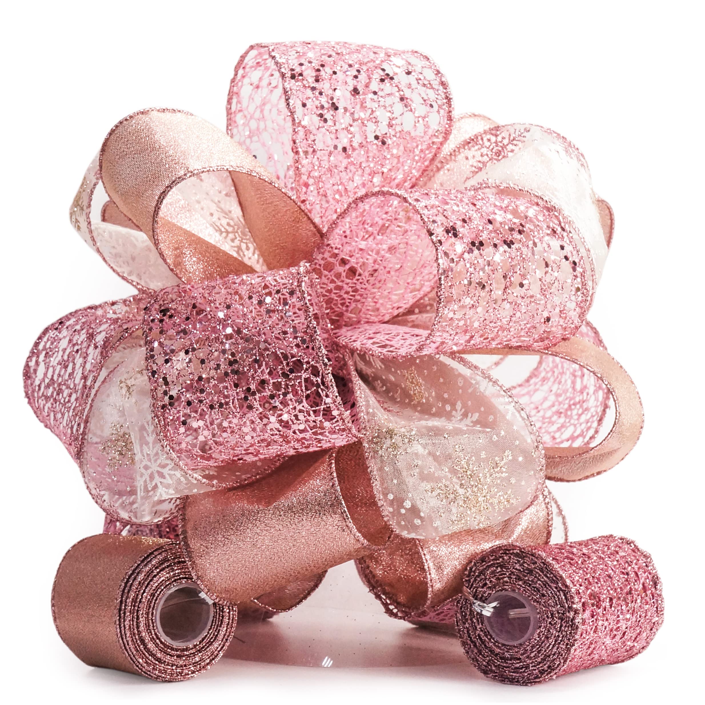 CT CRAFT LLC Christmas Tree Topper Bow - Bow: 11" sq. - Tails: 3 Yards Long Each - Rose Gold Snowflake