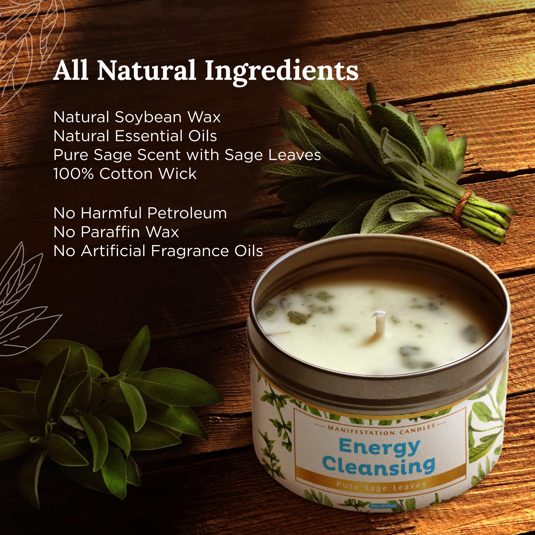 MANIFESTATION CANDLE White Sage Leaf & Scent, Smudge Candle for House Energy Cleansing, Banishes Negative Energy I Purification and Chakra Healing - Natural Soy Wax Tin for Aromatherapy (Sage Leaf)