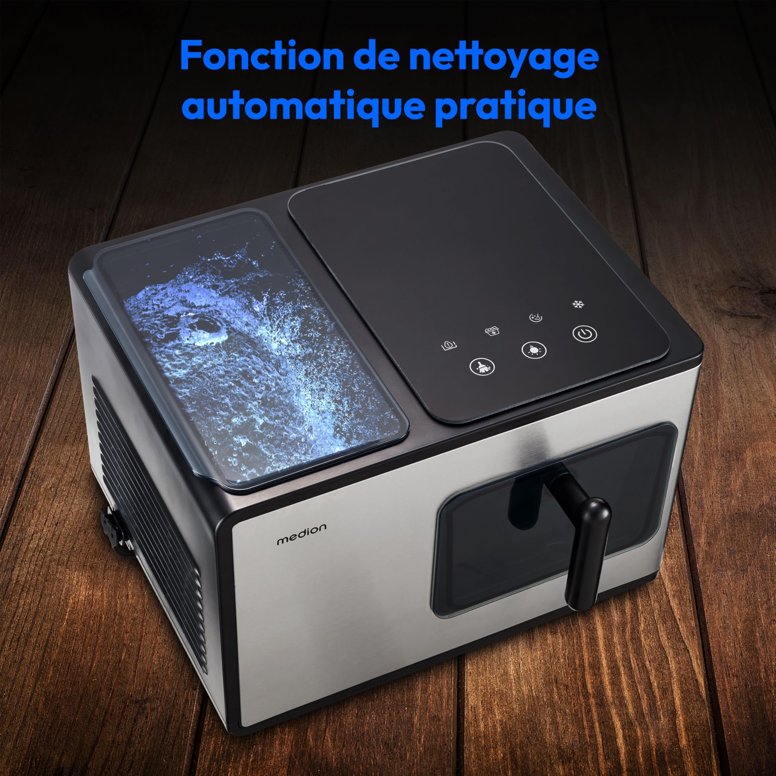 MEDION Machine à glaçons (Nugget glaçons, parfait pour boissons & cocktails, réservoir de 2 litres, jusqu'à 15kg de glaçons, temps de production court env. 5 min, panier amovible, autonettoyant, MD119