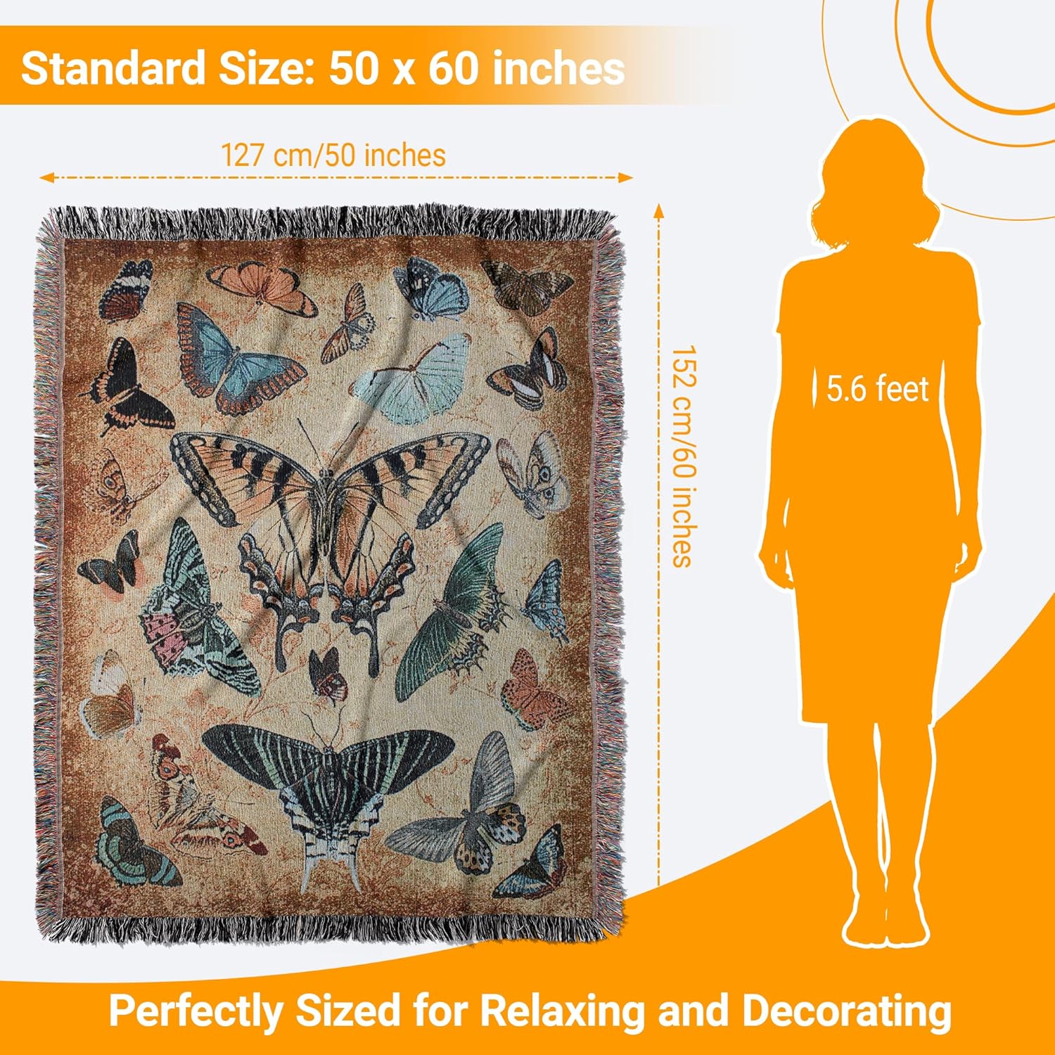 Butterfly Woven Tapestry Throw Blanket with Tassels, Soft Decorative Throw for Couch, Sofa, Bed | Vintage Boho Room Wall Art Decor, 50"x60" - Image 7