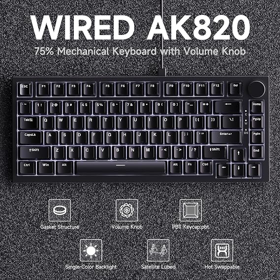 Ajazz AK820 75% Wired Mechanical Gaming Keyboard, Gasket Mounted Hot Swappable Custom Keyboard with Volume Knob, 5-Layer Sound Dampening Padding, PBT Keycaps, 82 Keys, Black