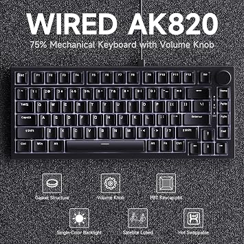Ajazz AK820 75% Wired Mechanical Gaming Keyboard, Gasket Mounted Hot Swappable Custom Keyboard with Volume Knob, 5-Layer Sound Dampening Padding, PBT Keycaps, 82 Keys, Black