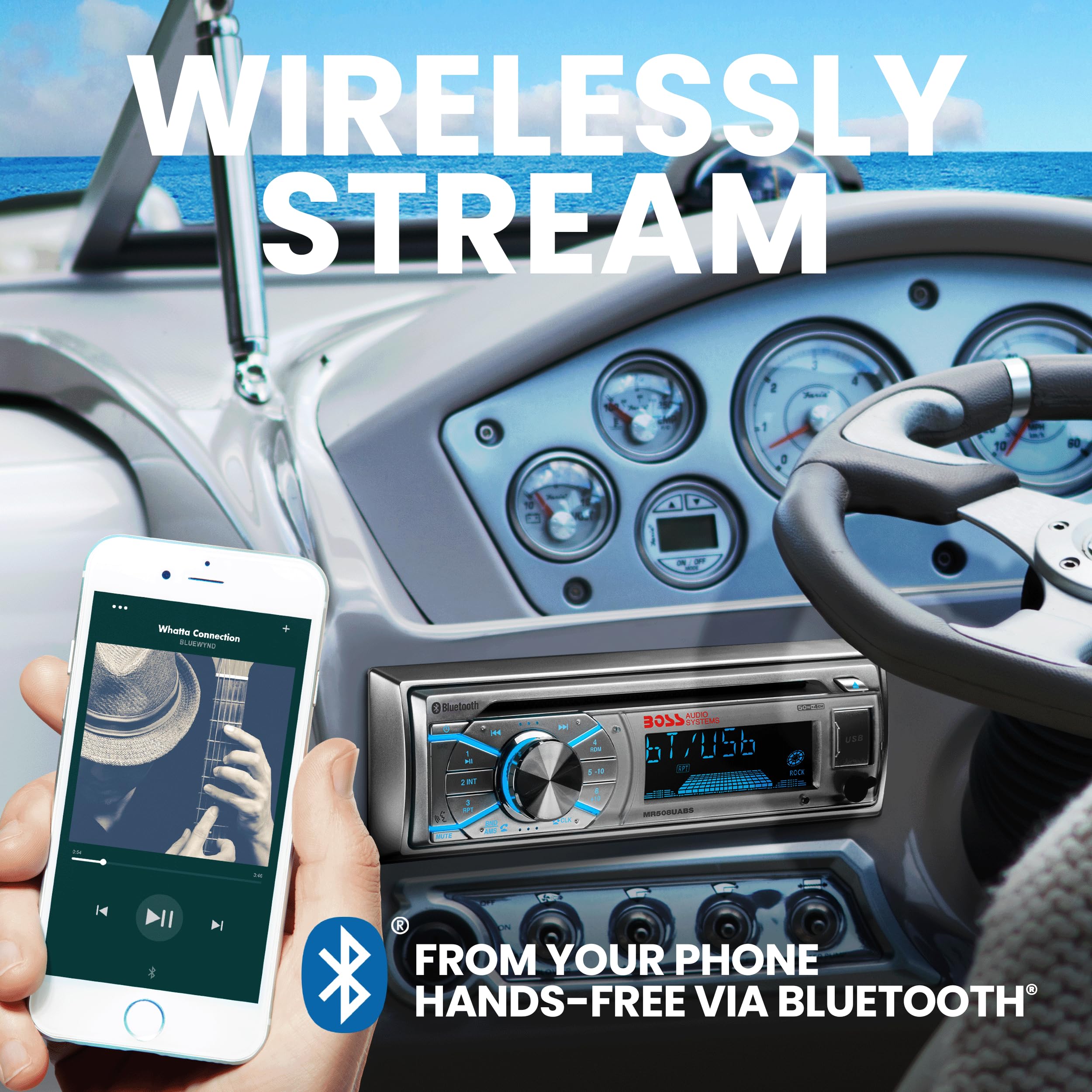 BOSS Audio Systems MR500UABS Marine Boat Stereo – Single Din, Bluetooth, odtwarzacz CD DVD, odbiornik radiowy AM/FM, USB