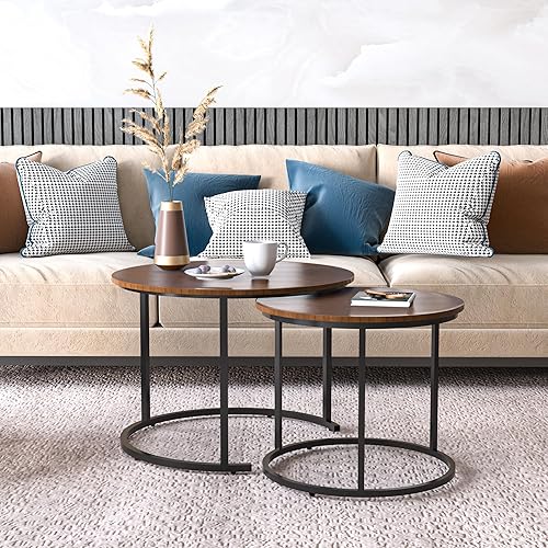 Miniatura 6 de Juego de 2 mesas auxiliares redondas de anidación industrial, con textura de nogal moderna, apilables, con marco de metal para espacios pequeños,