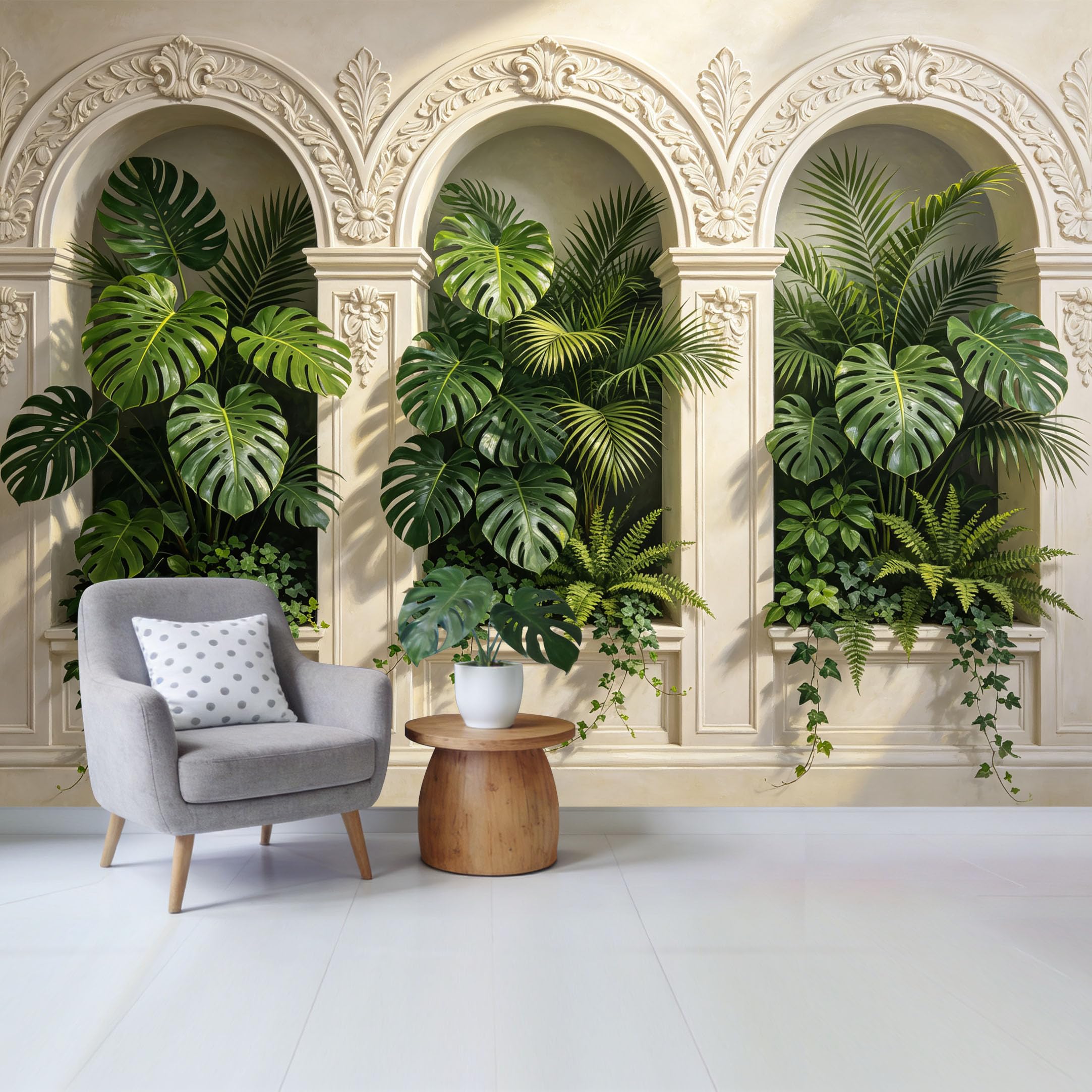 Custom Size Wall Mural Tropical Botanical Green Monstera Palm Leaves Arch Garden Removable Self Adhesive Fabric Home Wall Decor for Living Room Bedroom Bathroom