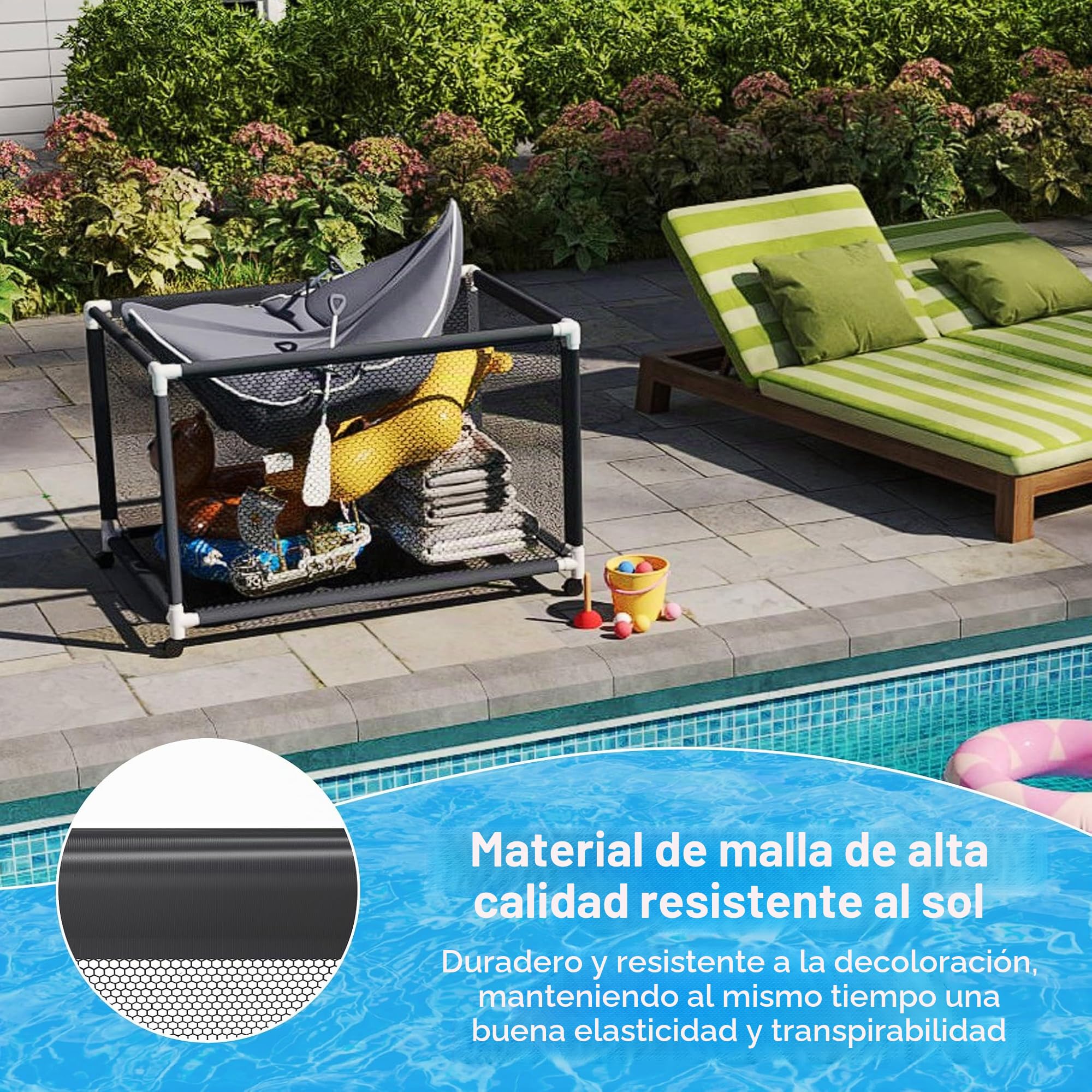 FIVMEN Contenedor de almacenamiento de piscina con rollo porta fideos carro de almacenamiento con red de nailon gran capacidad organizador para fideos juguetes flotador toallas, 230 x 79 x 88 cm