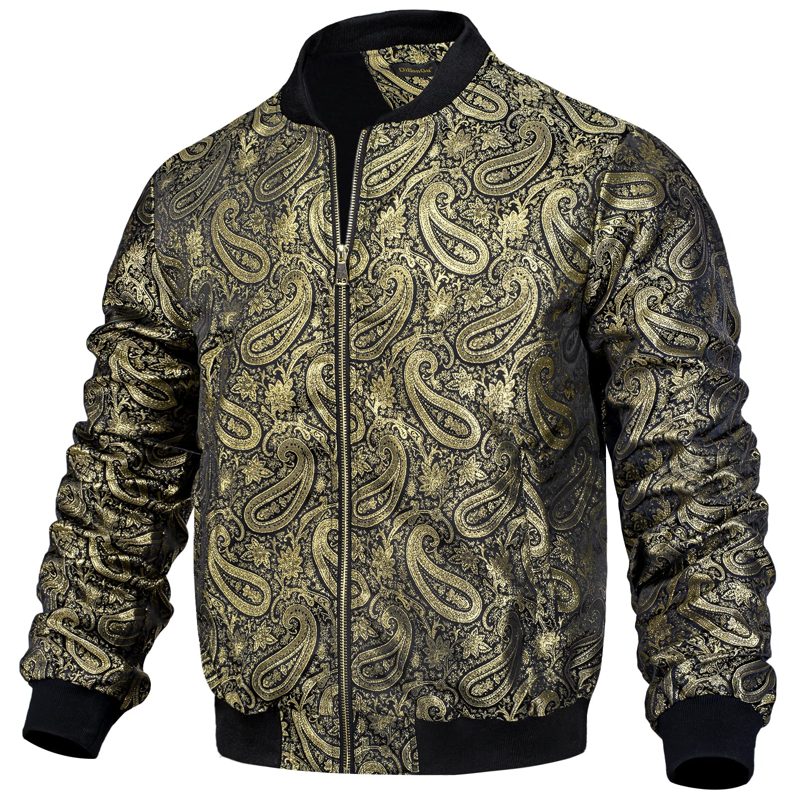 DiBanGuEmbroidered Bomber Jackets for Men Lightweight Men's Varsity Jackets  Paisley Casual Windbreaker Zip-Up, Black Gold, 3XL